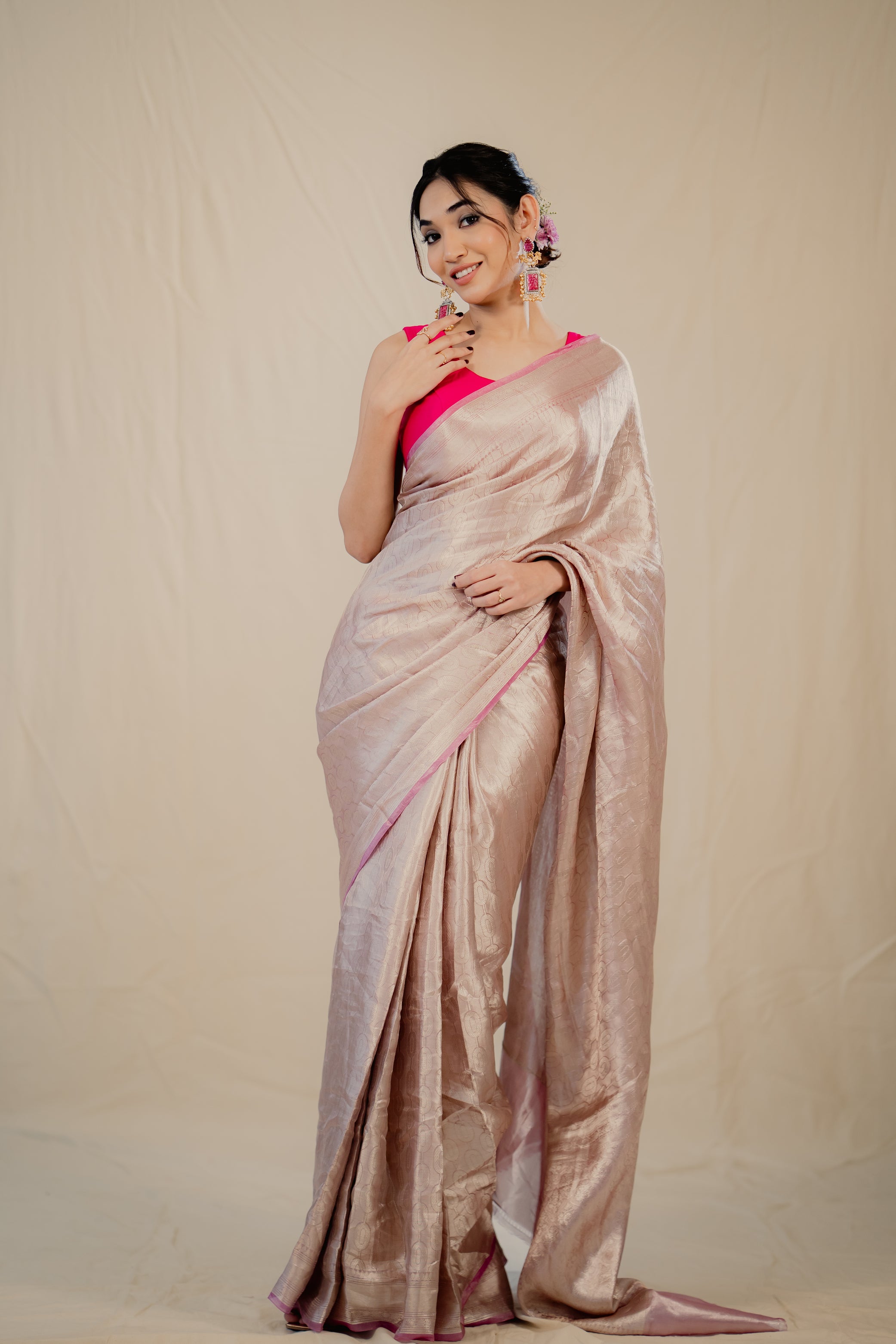 Silver Pink Pure Tissue Brocade Banarasi Handloom Saree