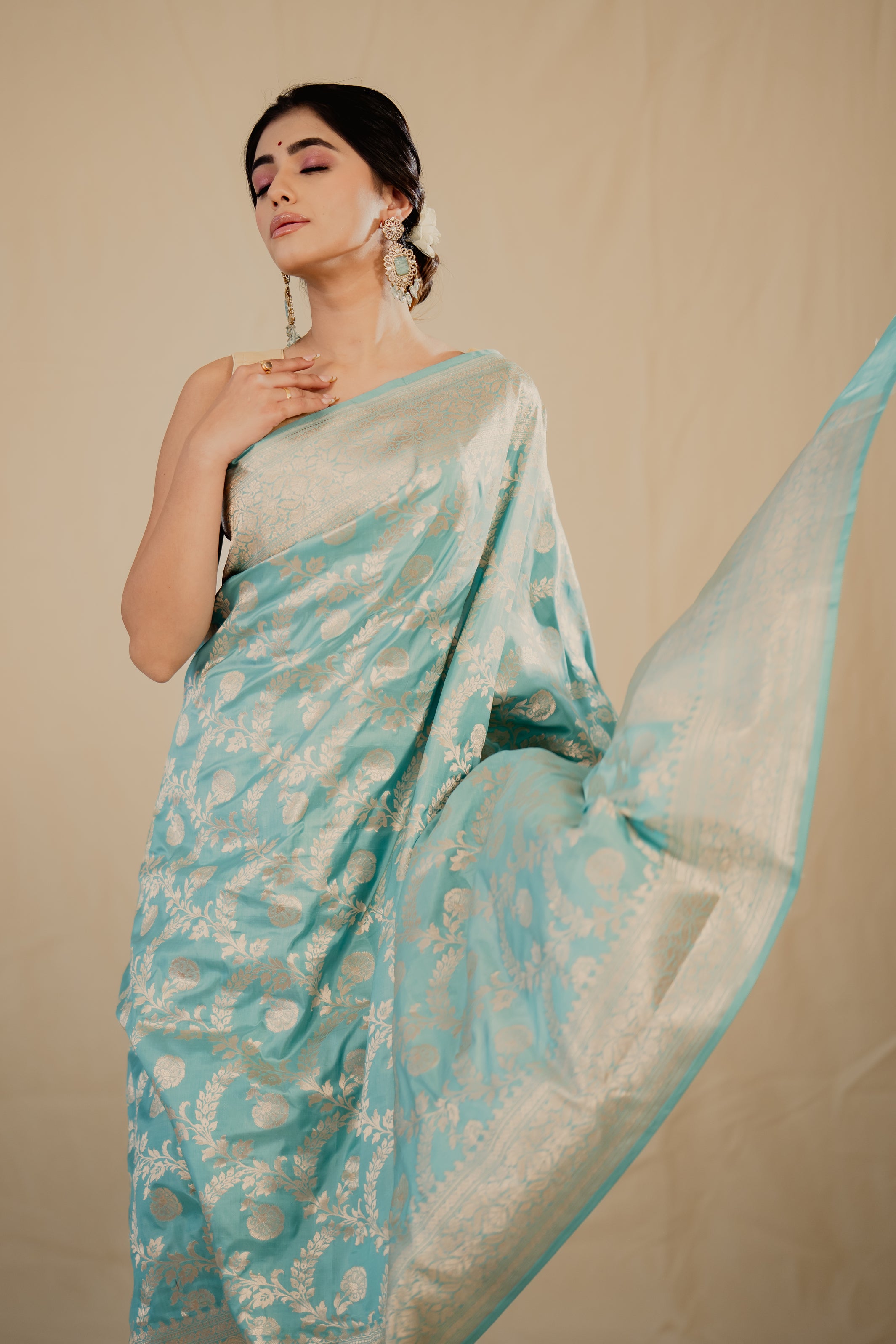 Sky Blue Katan Silk Jaal Saree