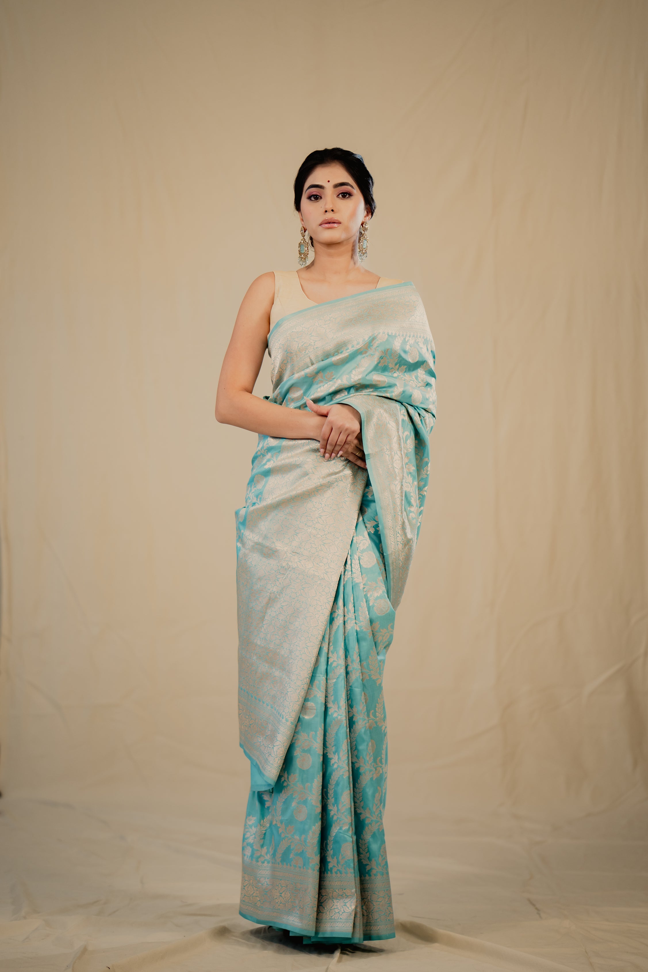 Sky Blue Katan Silk Jaal Saree