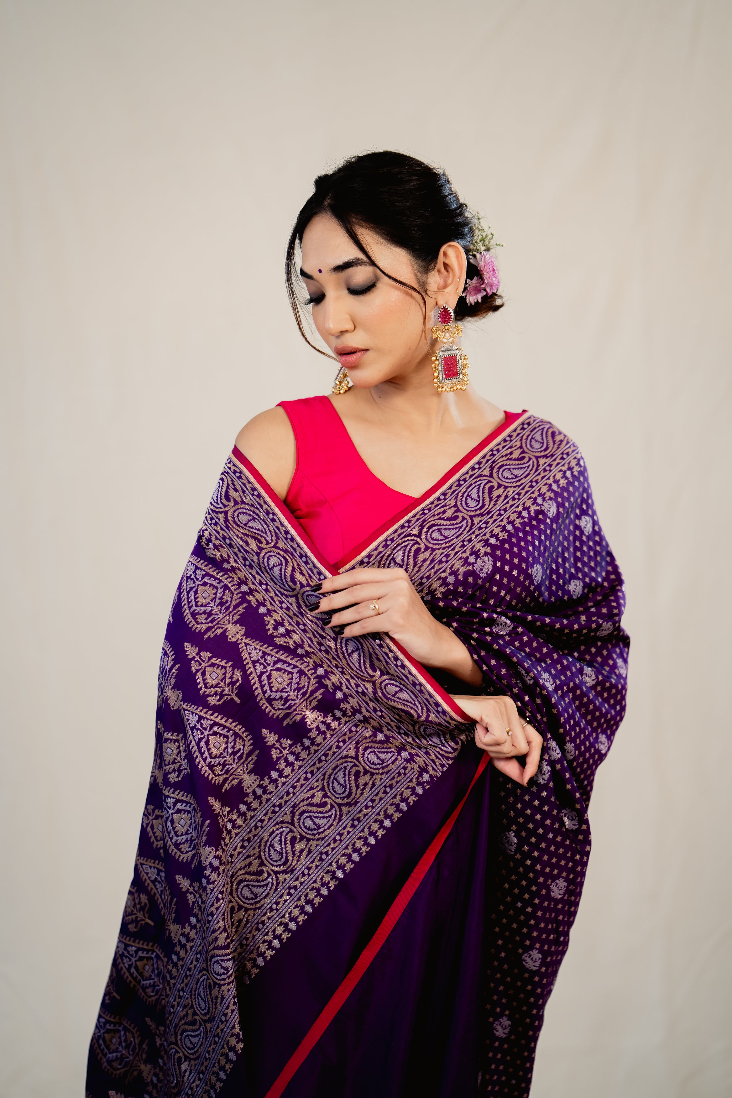 Purple Katan Silk Booti Saree
