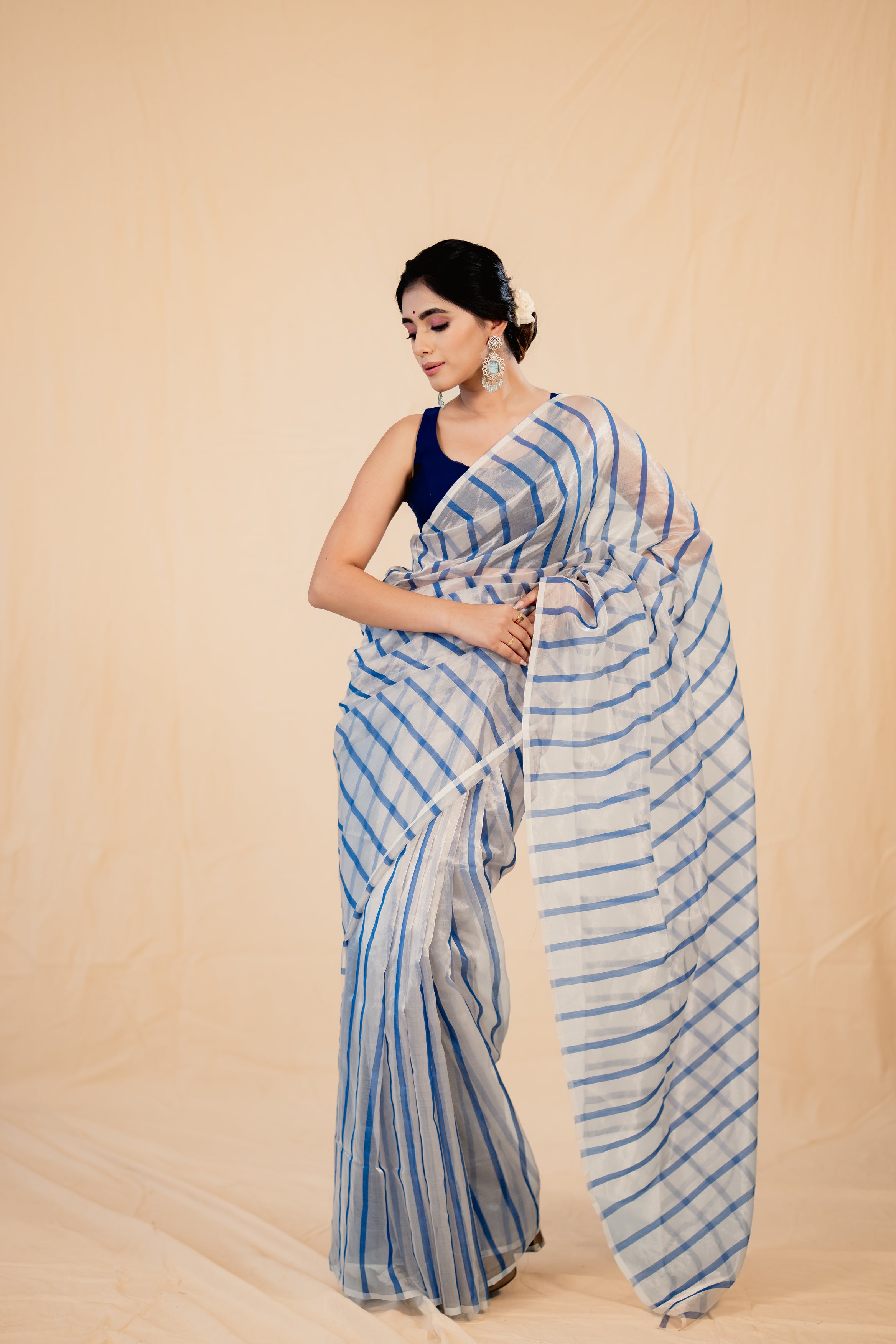 Silver Blue Stripe Tissue Silk Handloom Saree