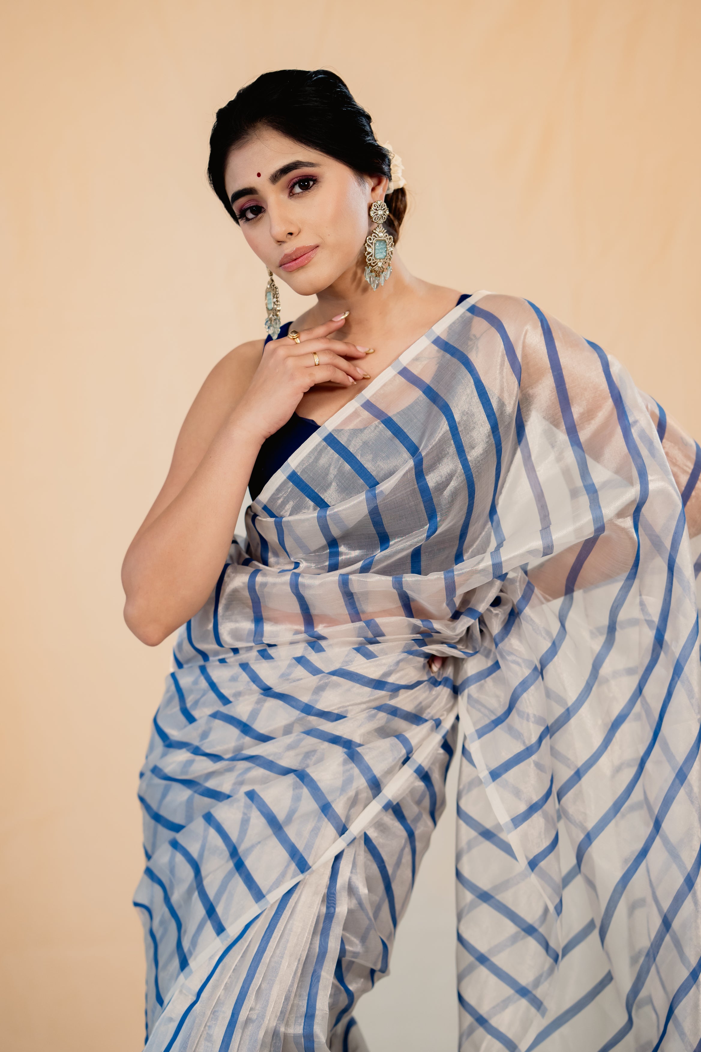 Silver Blue Stripe Tissue Silk Handloom Saree