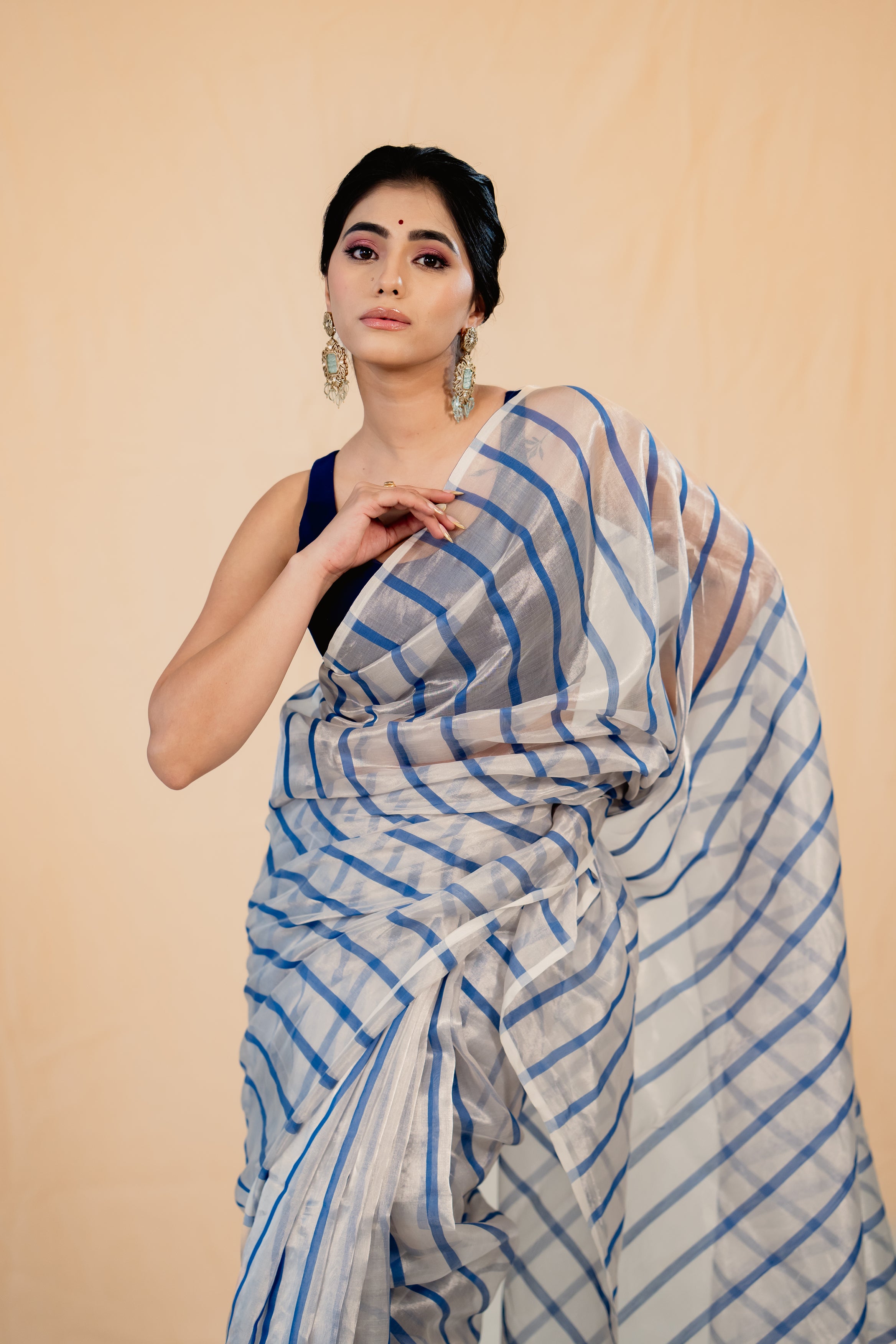 Silver Blue Stripe Tissue Silk Handloom Saree