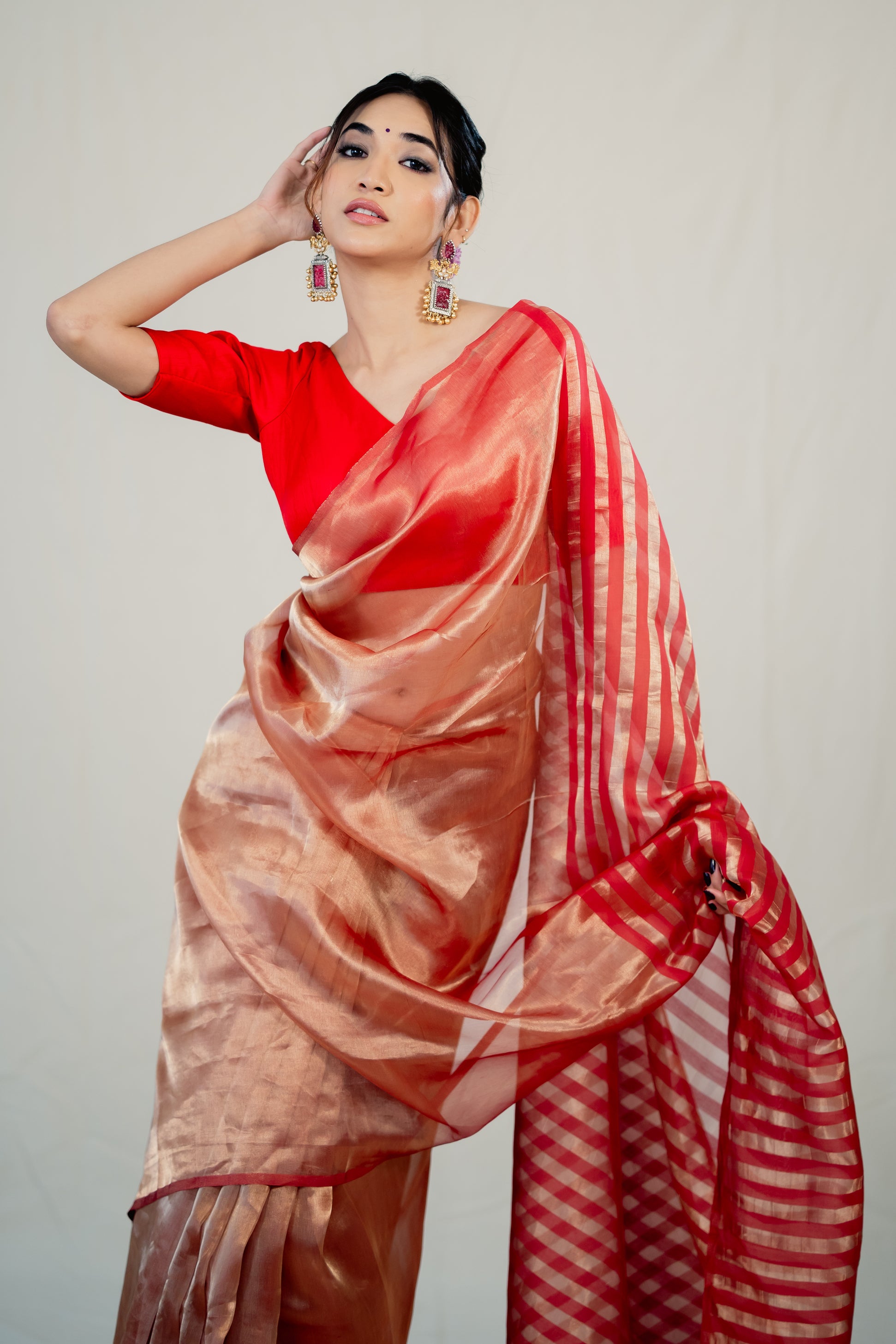 Red Stripe Tissue Silk Handloom Saree