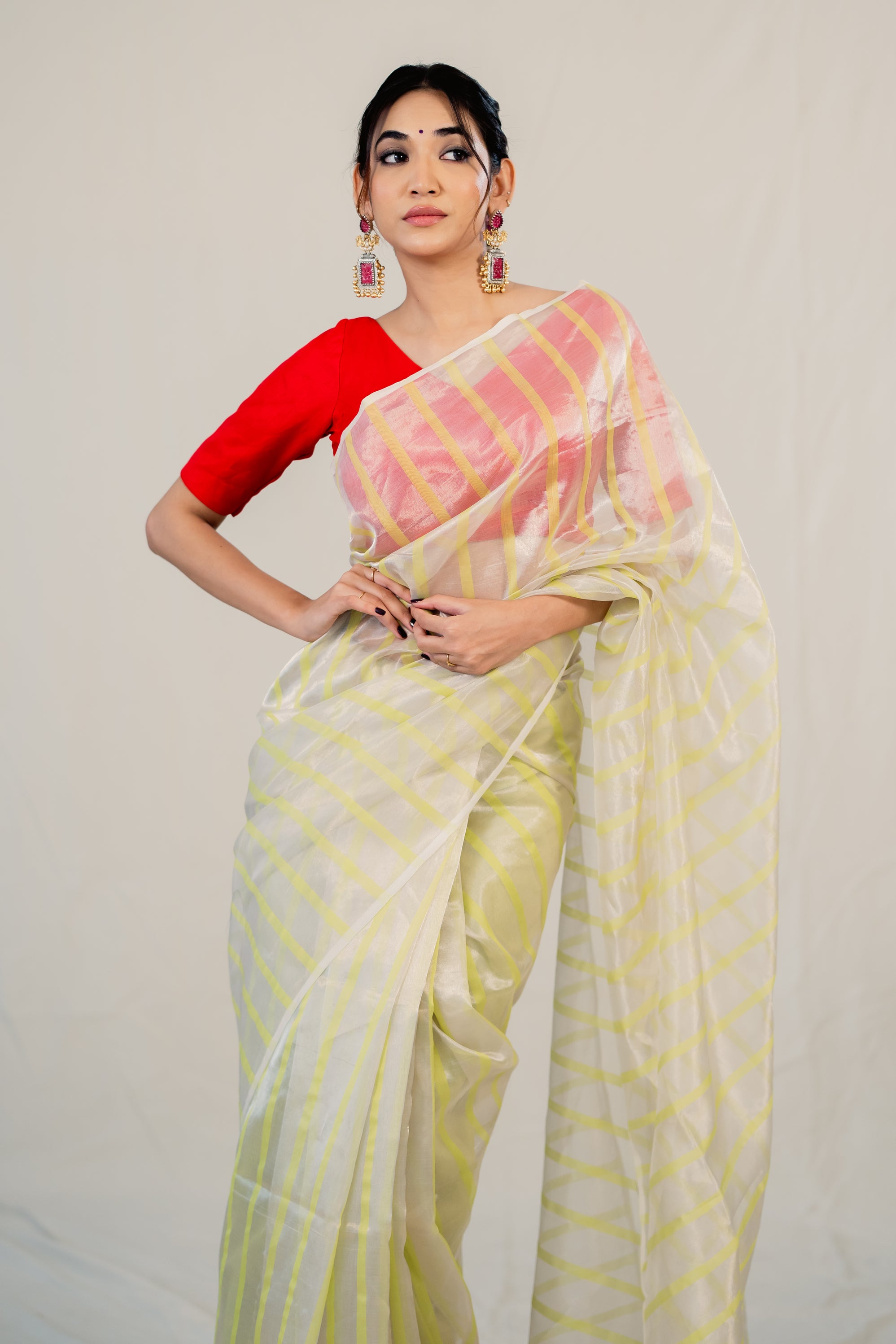 Silver Yellow Stripe Tissue Silk Handloom Saree