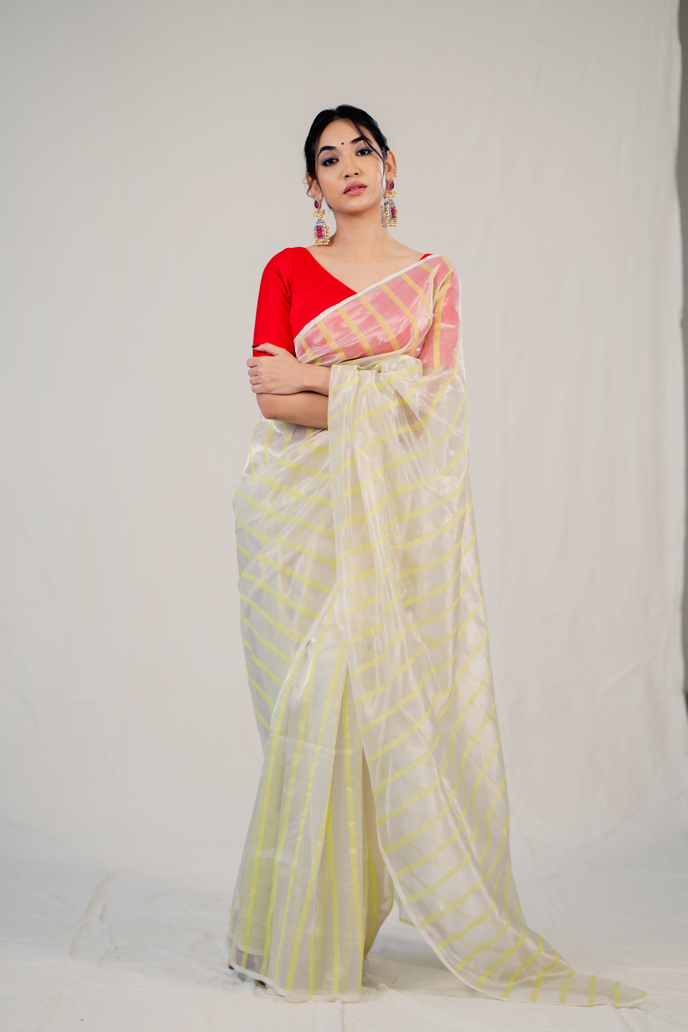 Silver Yellow Stripe Tissue Silk Handloom Saree