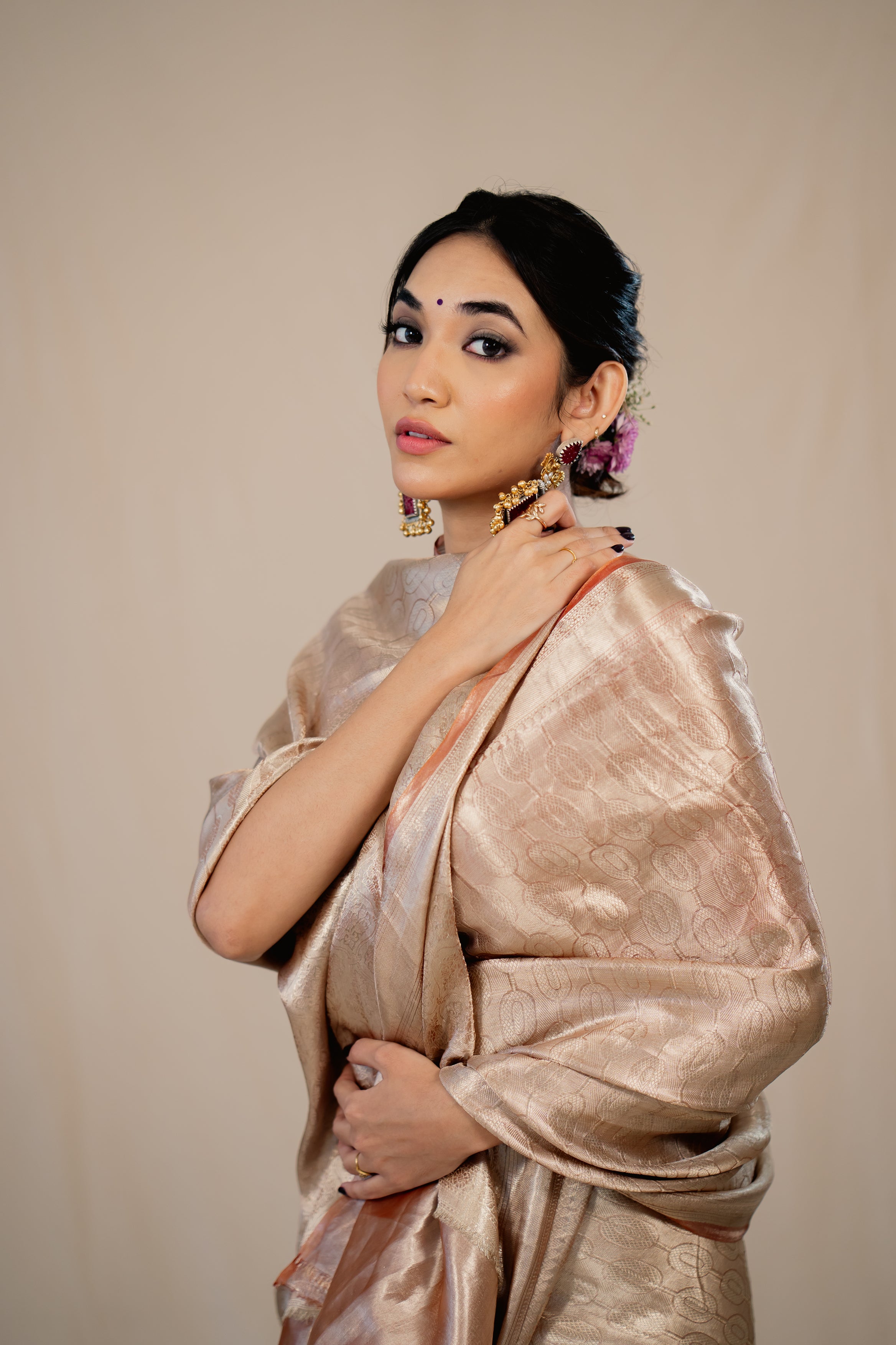 Silver Beige Pure Tissue Brocade Banarasi Handloom Saree