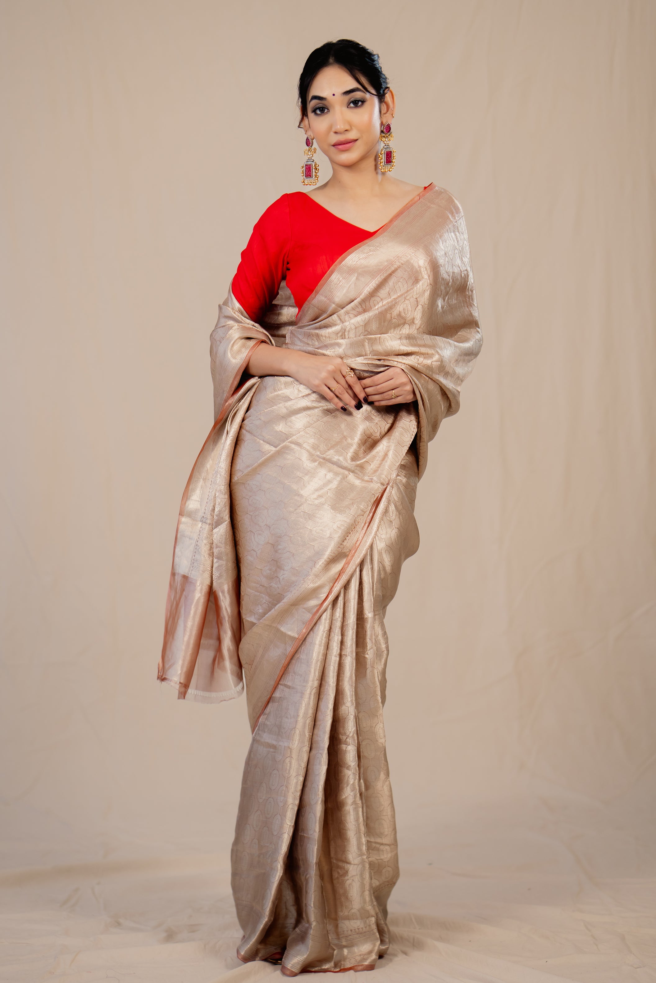 Silver Beige Pure Tissue Brocade Banarasi Handloom Saree