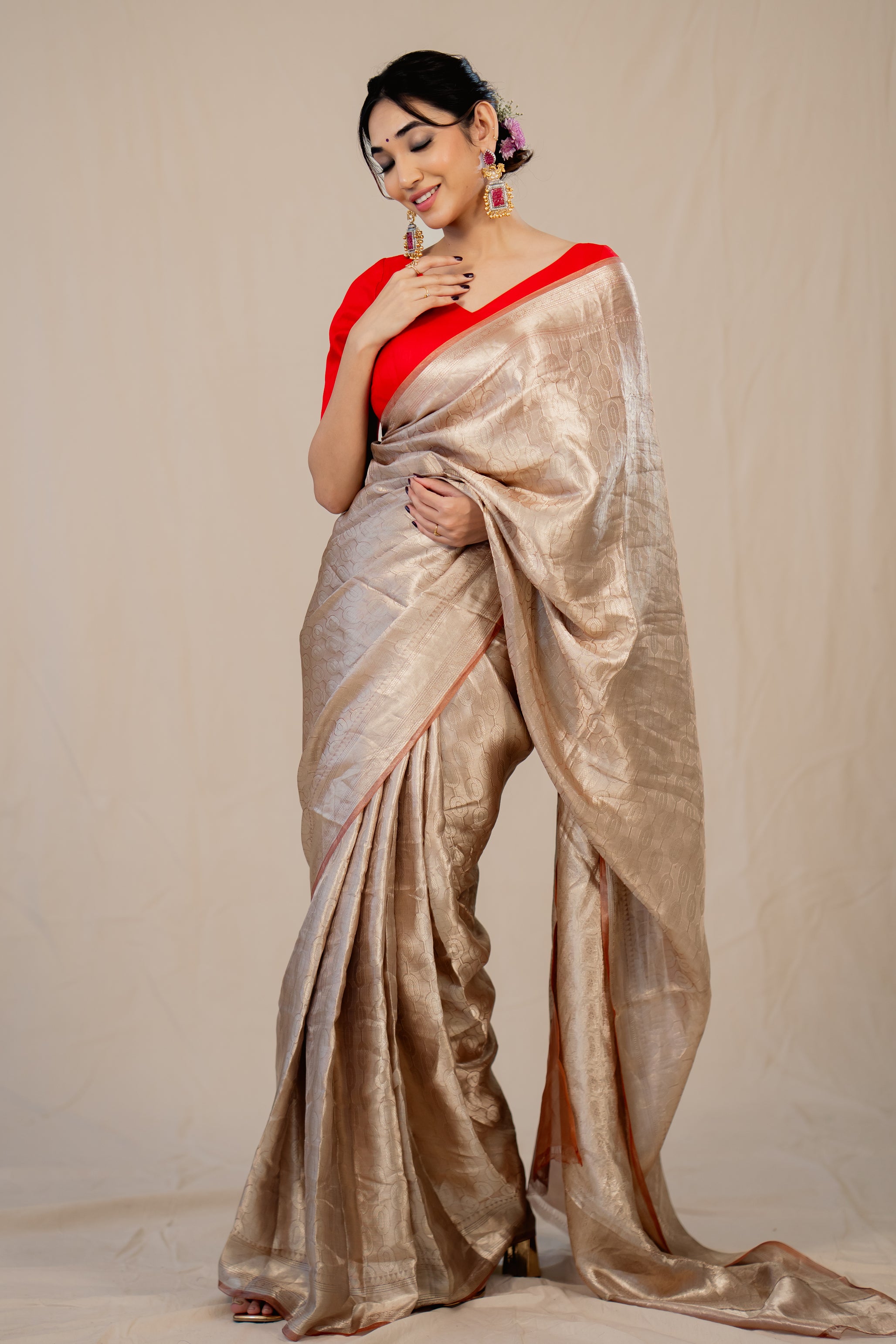 Silver Beige Pure Tissue Brocade Banarasi Handloom Saree