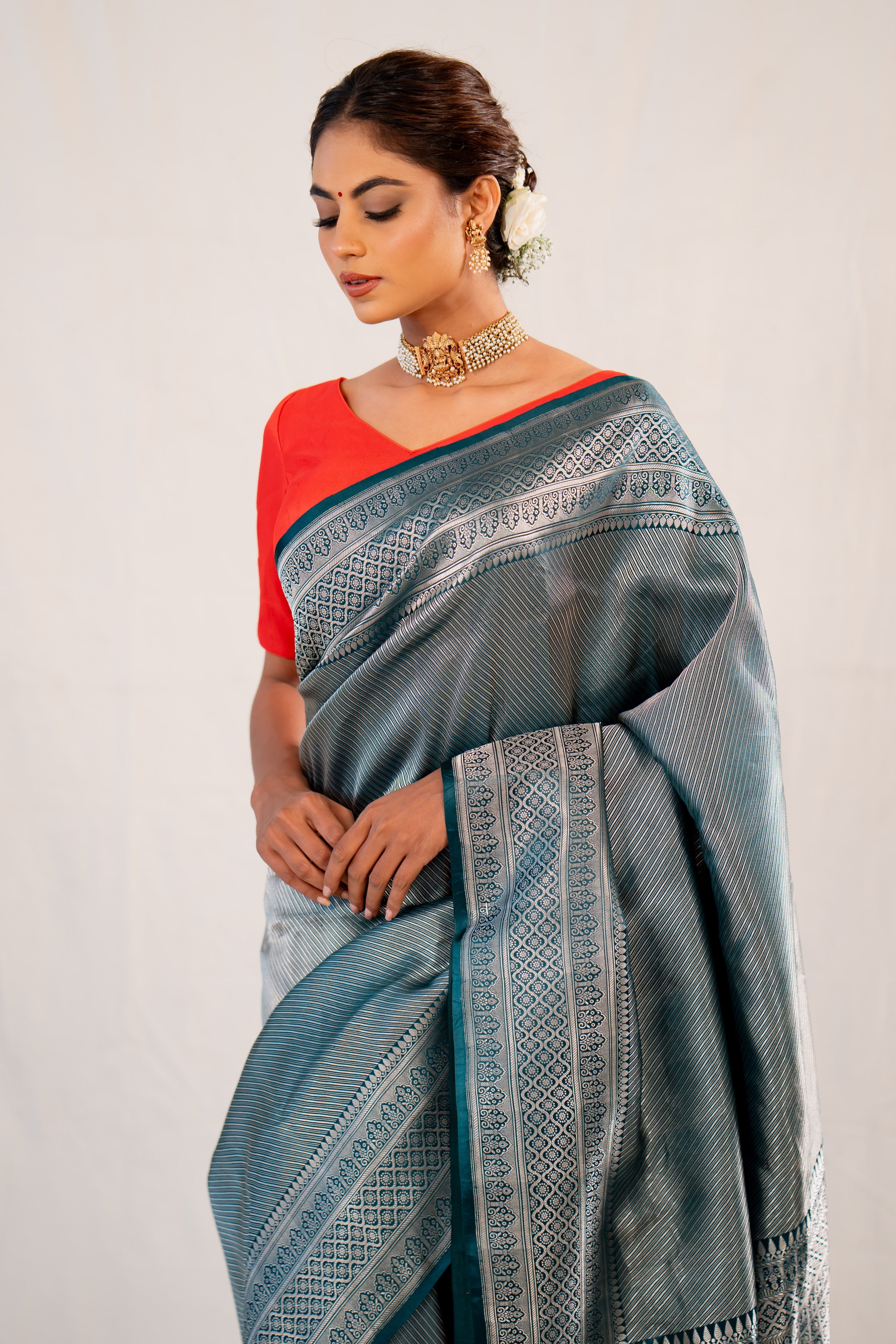 Green Silver Stripe Satin Katan Silk Banarasi Handloom Saree