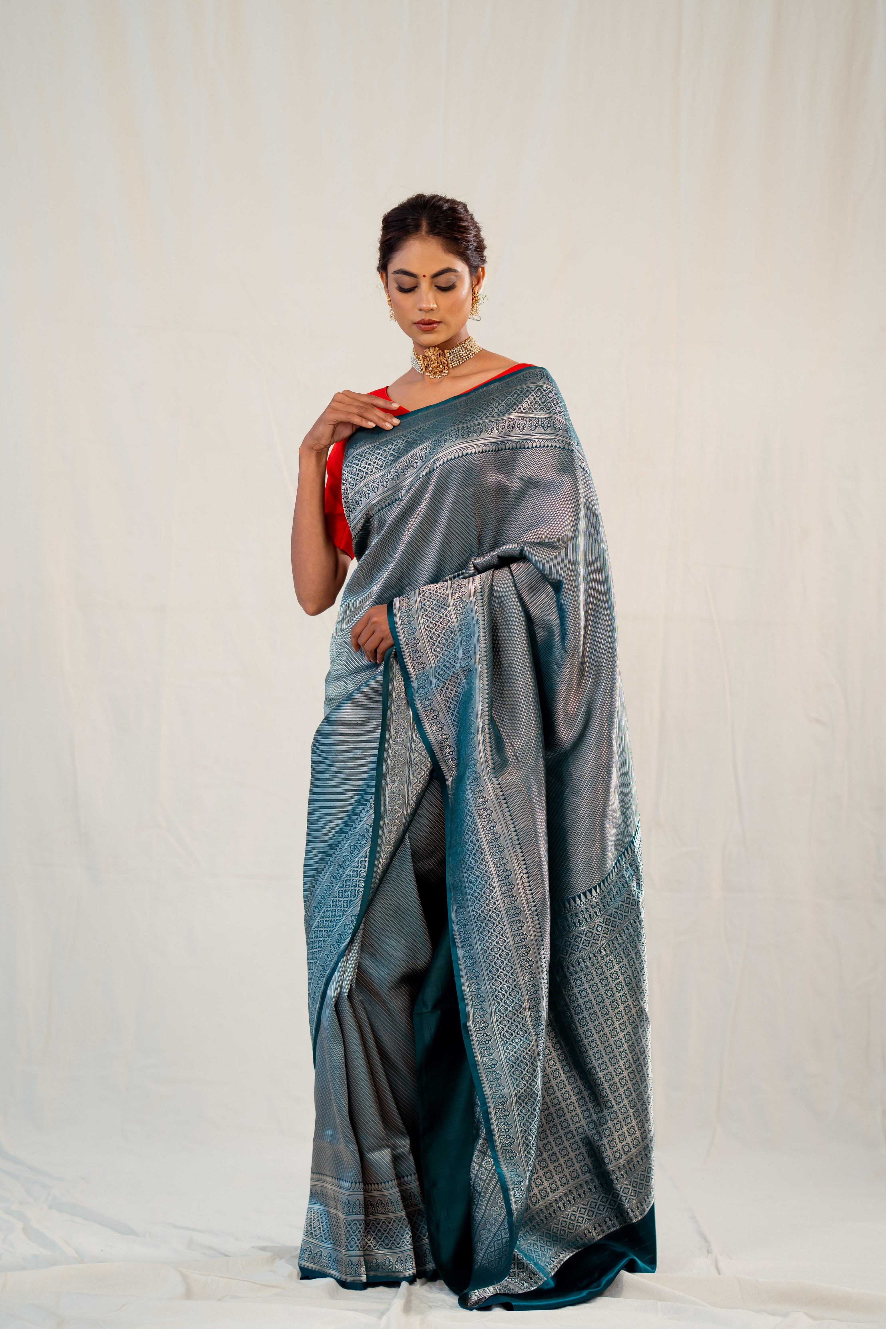 Green Silver Stripe Satin Katan Silk Banarasi Handloom Saree