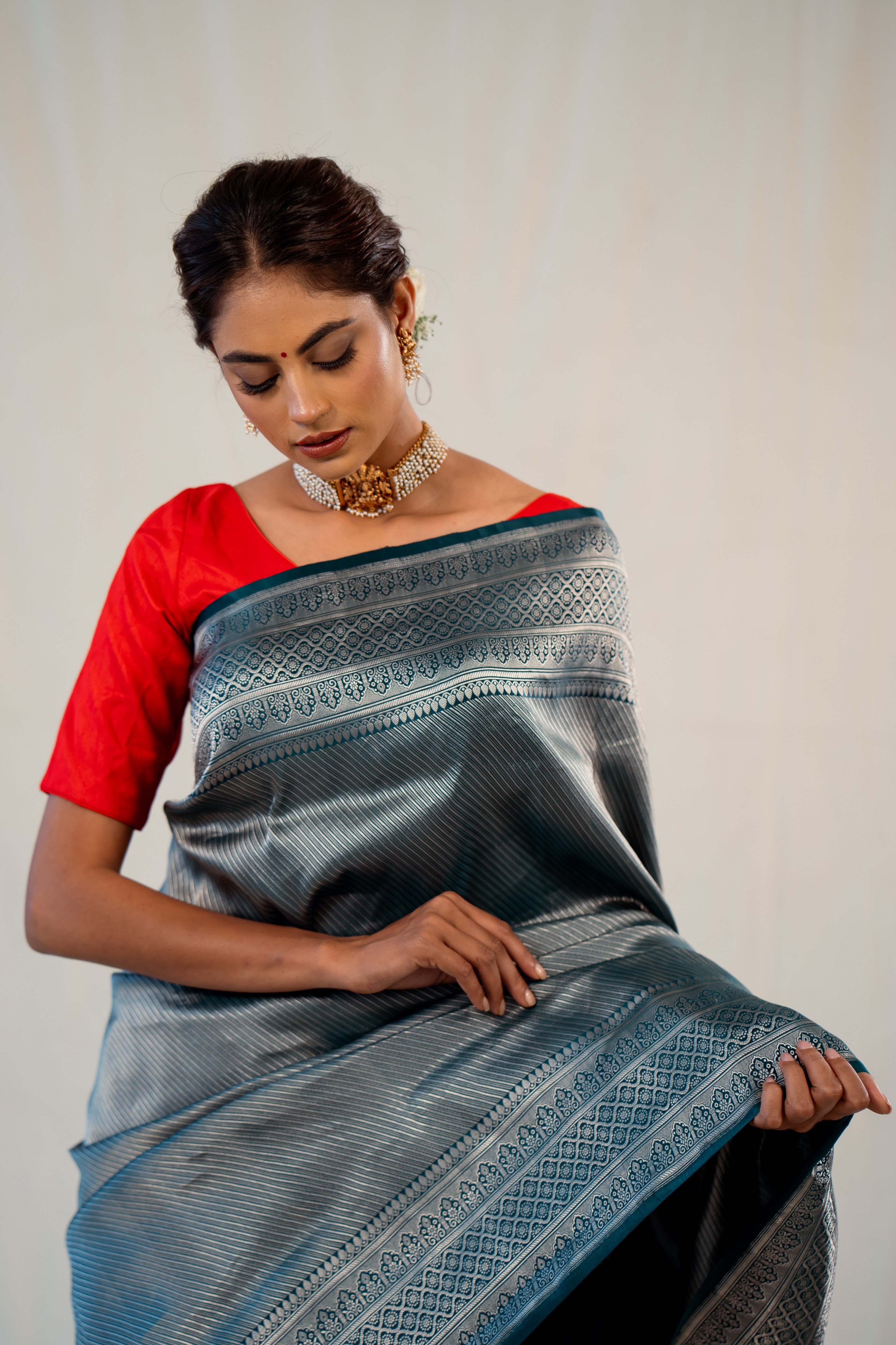 Green Silver Stripe Satin Katan Silk Banarasi Handloom Saree