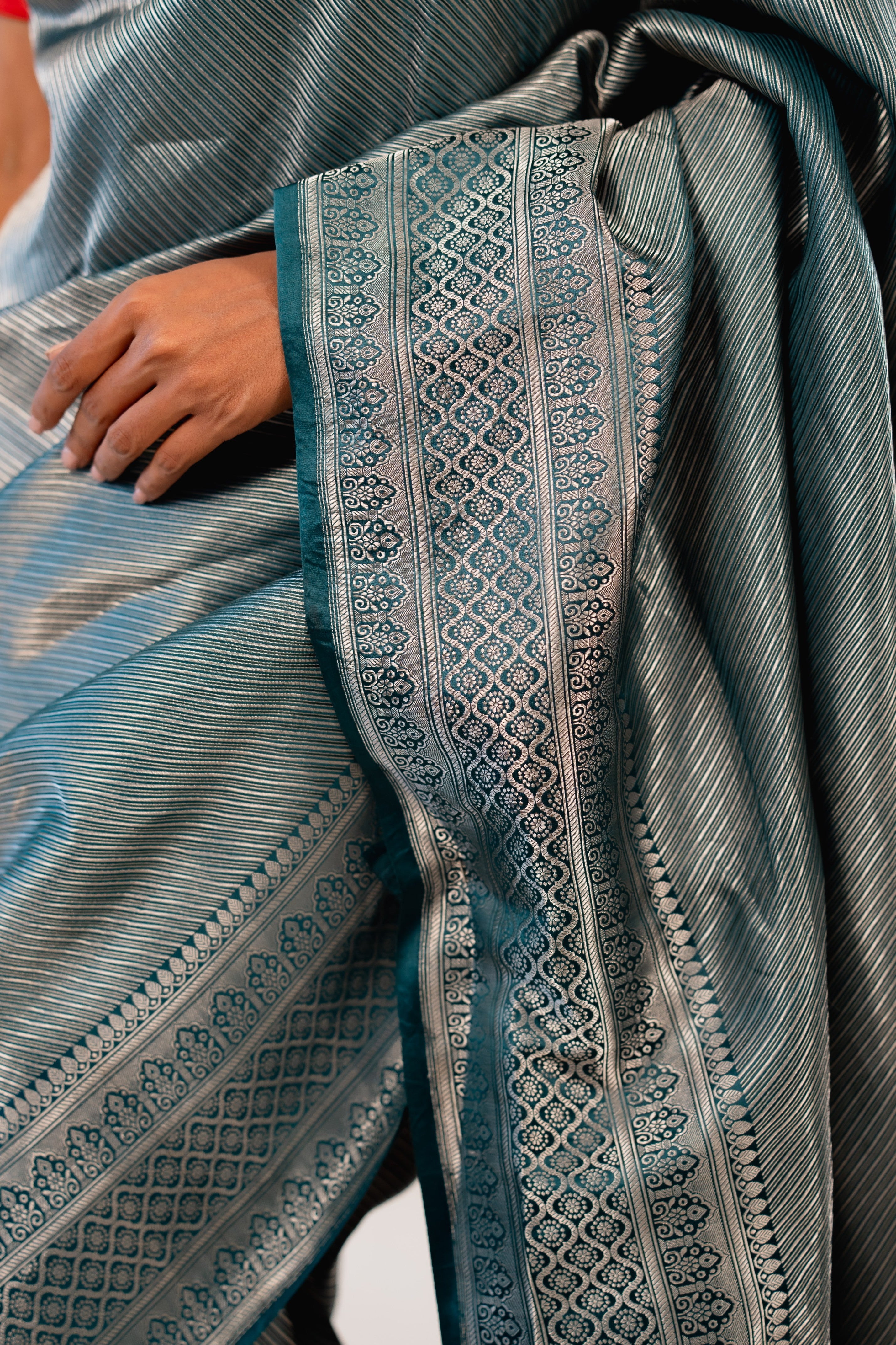 Green Silver Stripe Satin Katan Silk Banarasi Handloom Saree