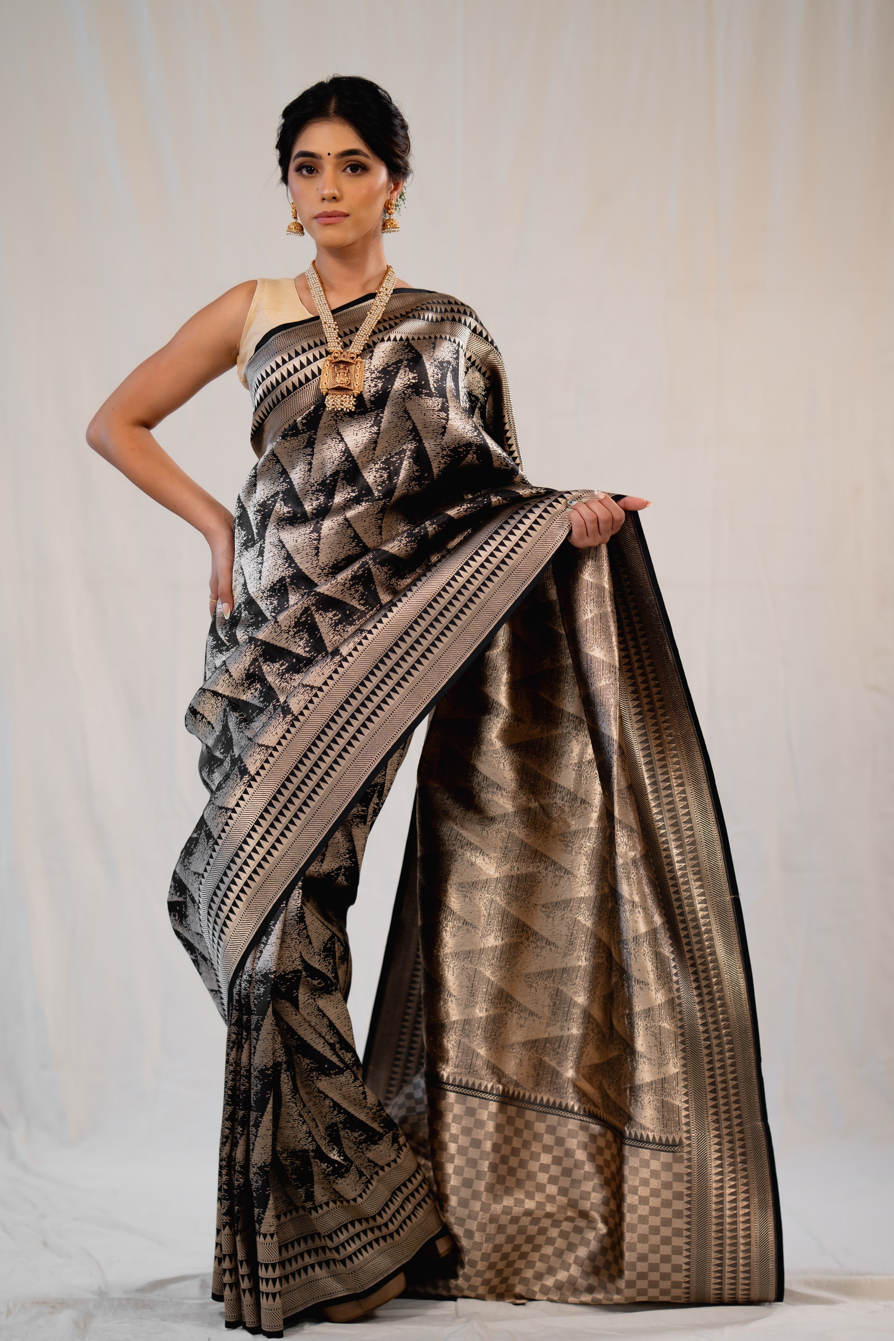 Black Abstract Satin Katan Silk Banarasi Handloom Saree