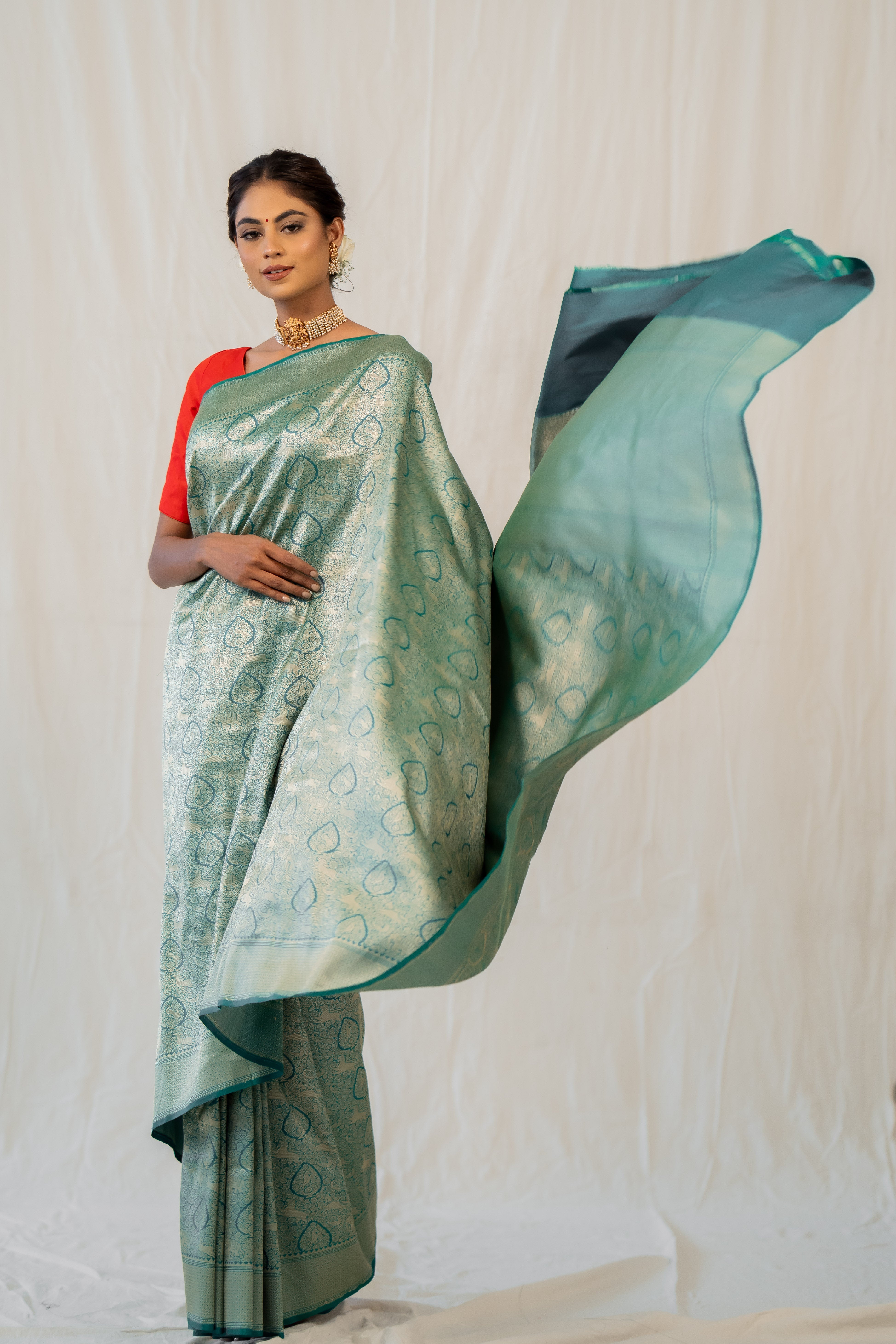 Turquiose Shikargah Jaal Katan Silk Banarasi Handloom Saree
