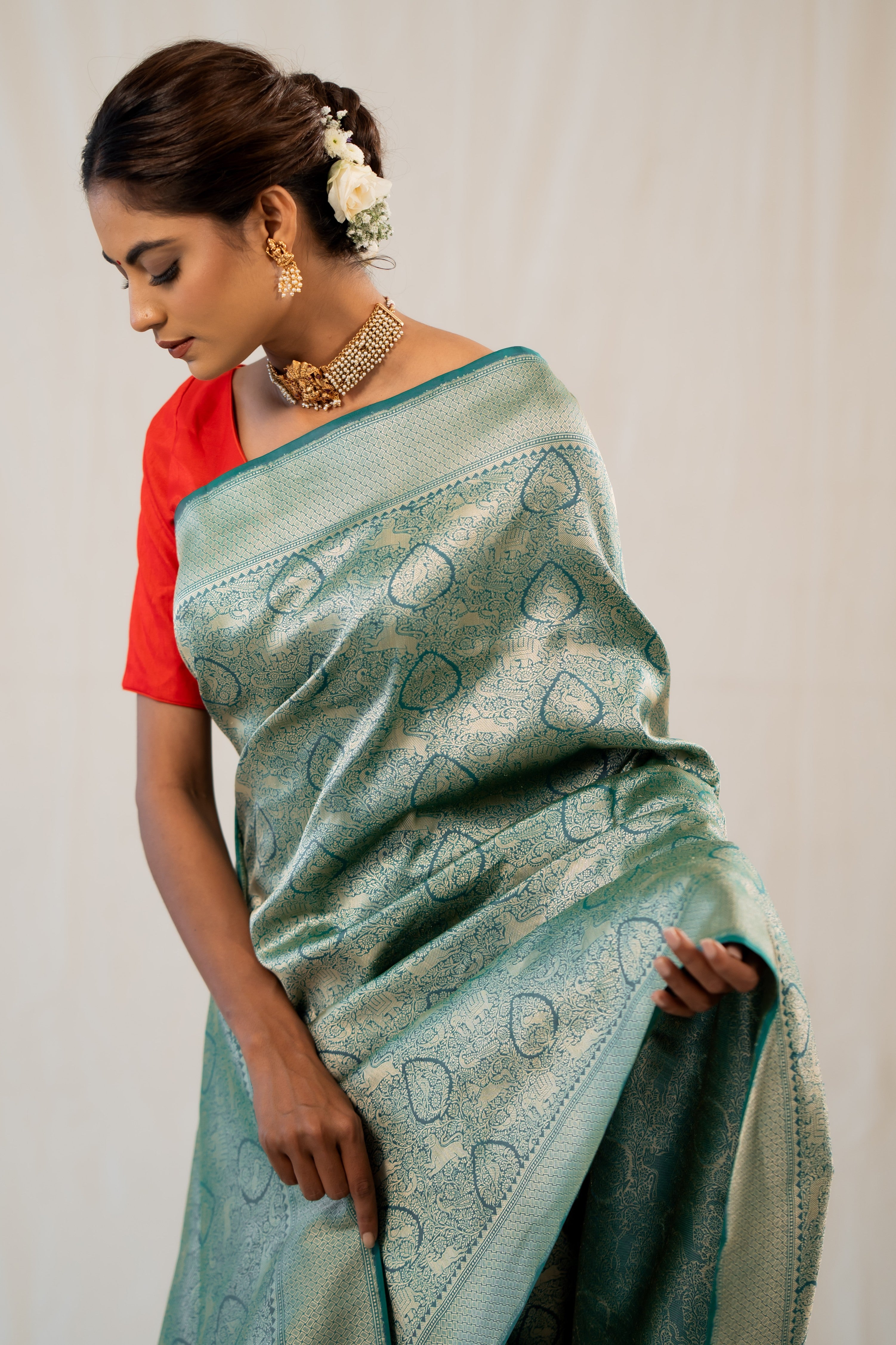 Turquiose Shikargah Jaal Katan Silk Banarasi Handloom Saree