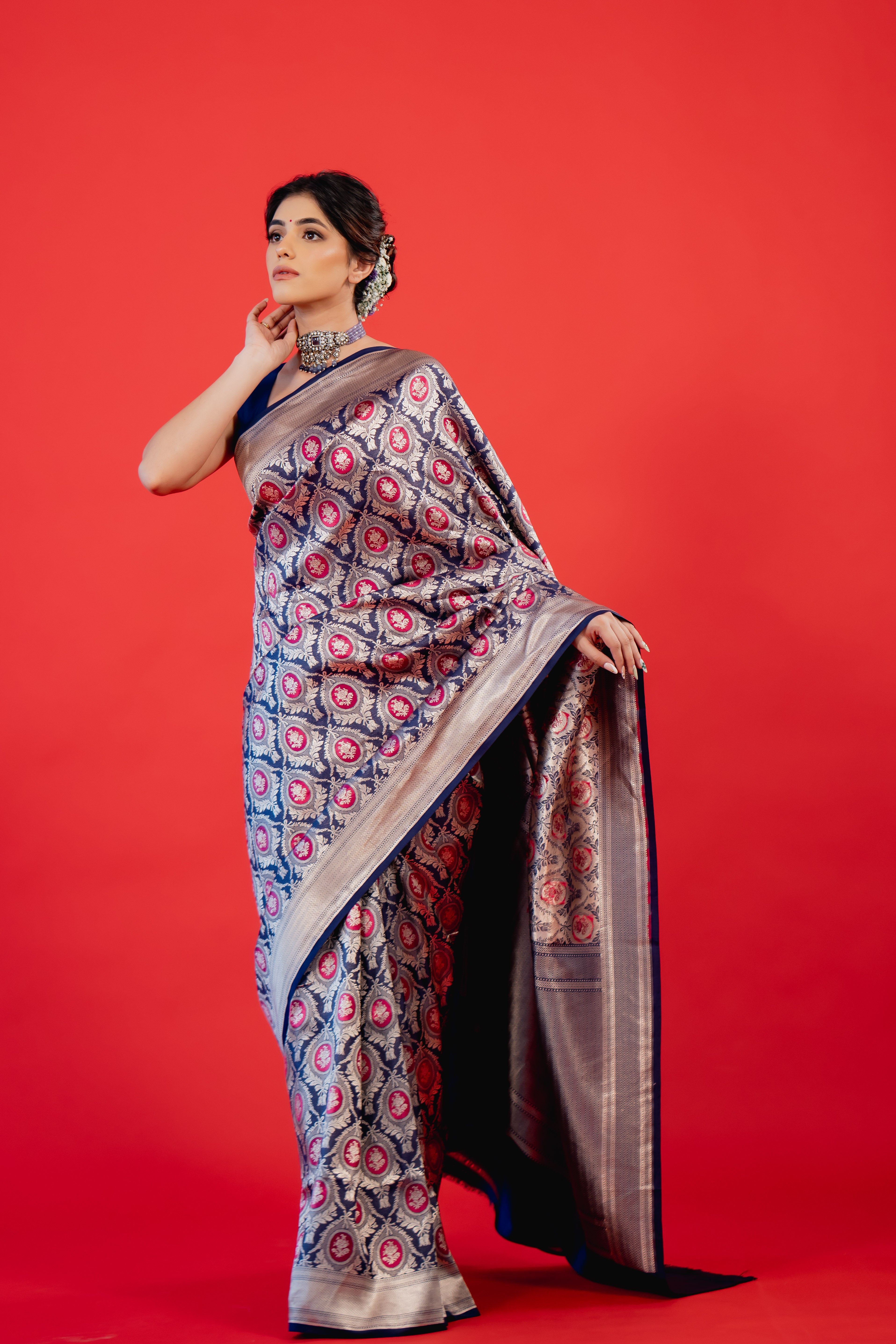 Blue Pink Booti Katan Silk Banarasi Handloom Saree