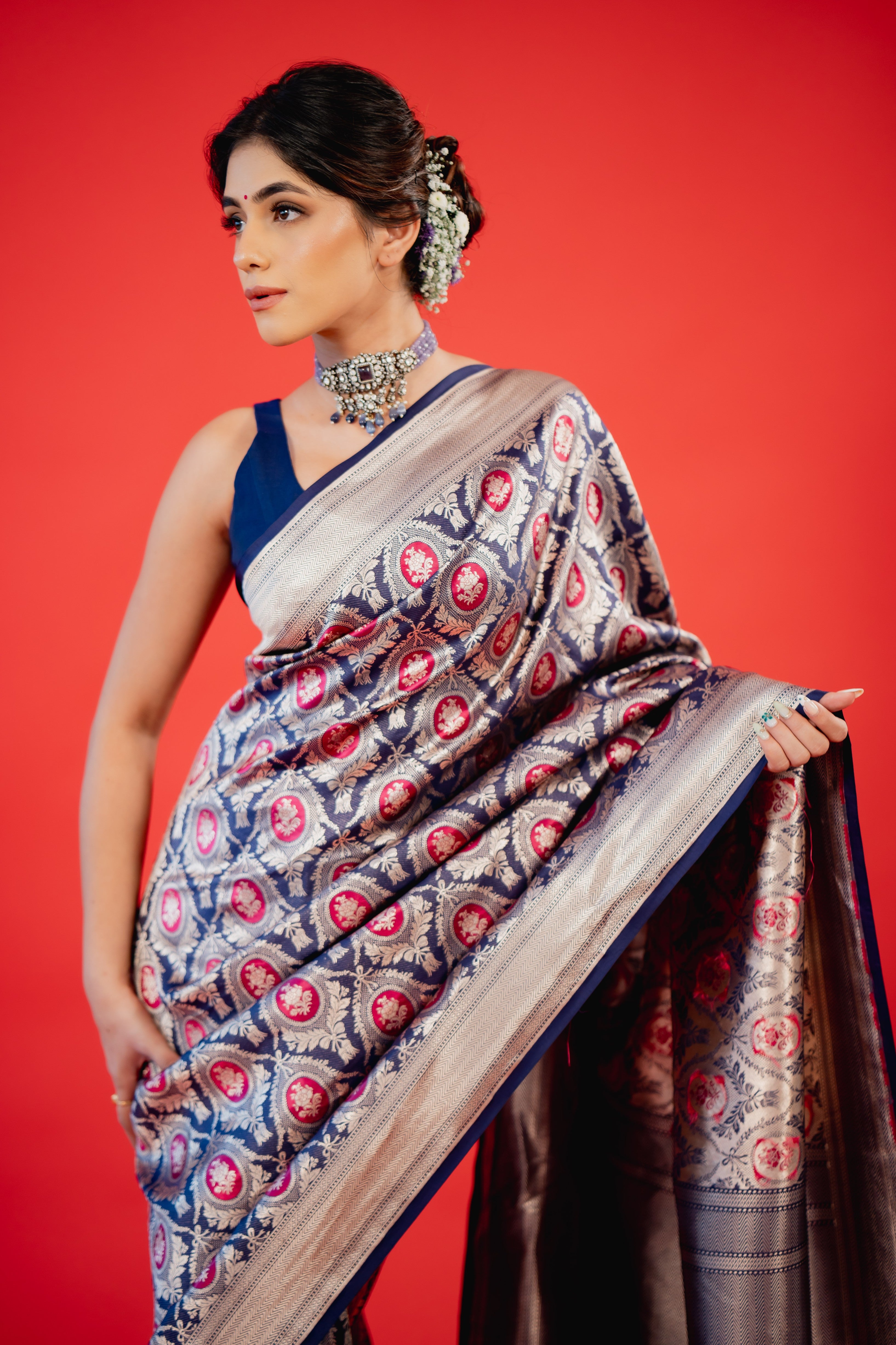 Blue Pink Booti Katan Silk Banarasi Handloom Saree