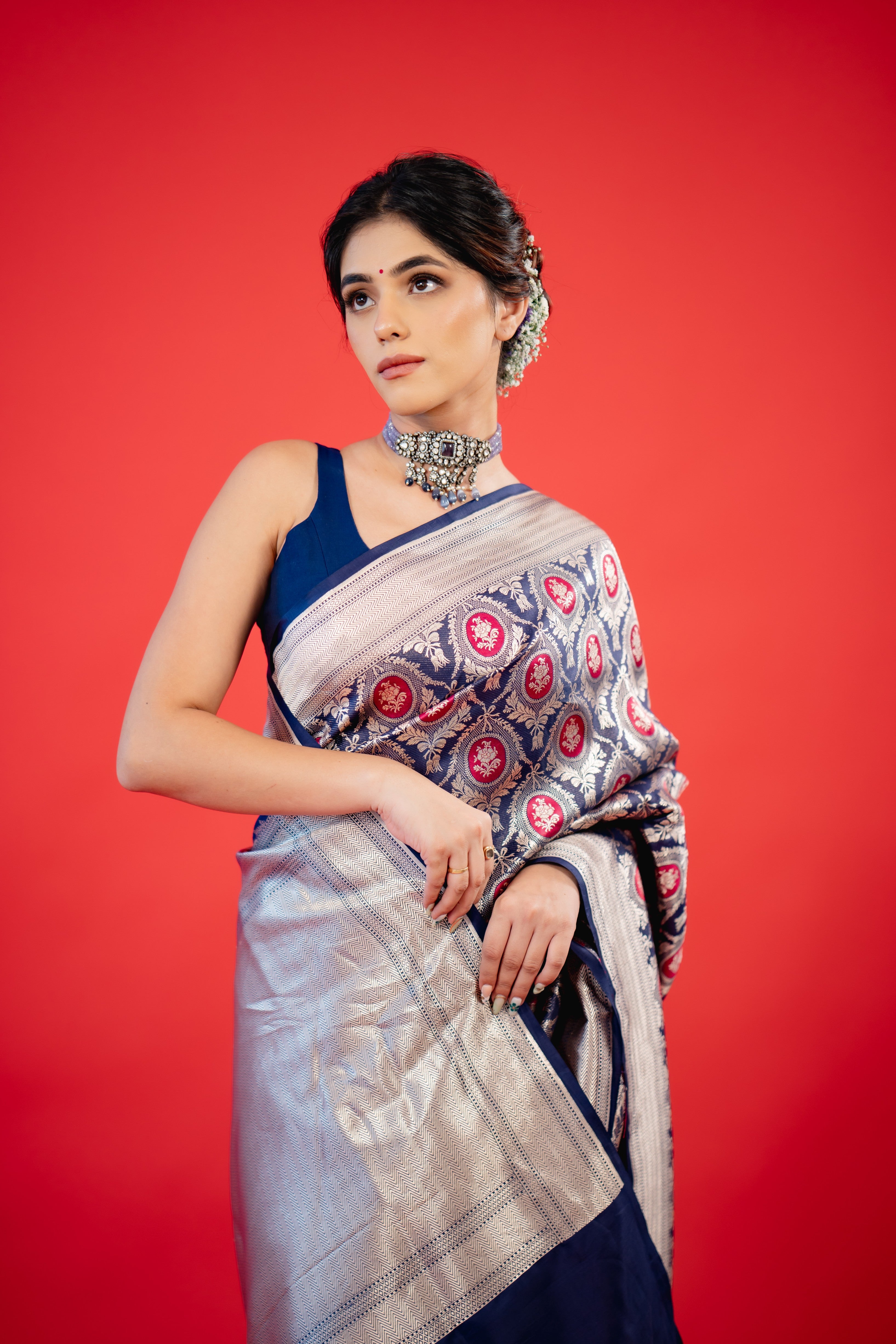 Blue Pink Booti Katan Silk Banarasi Handloom Saree
