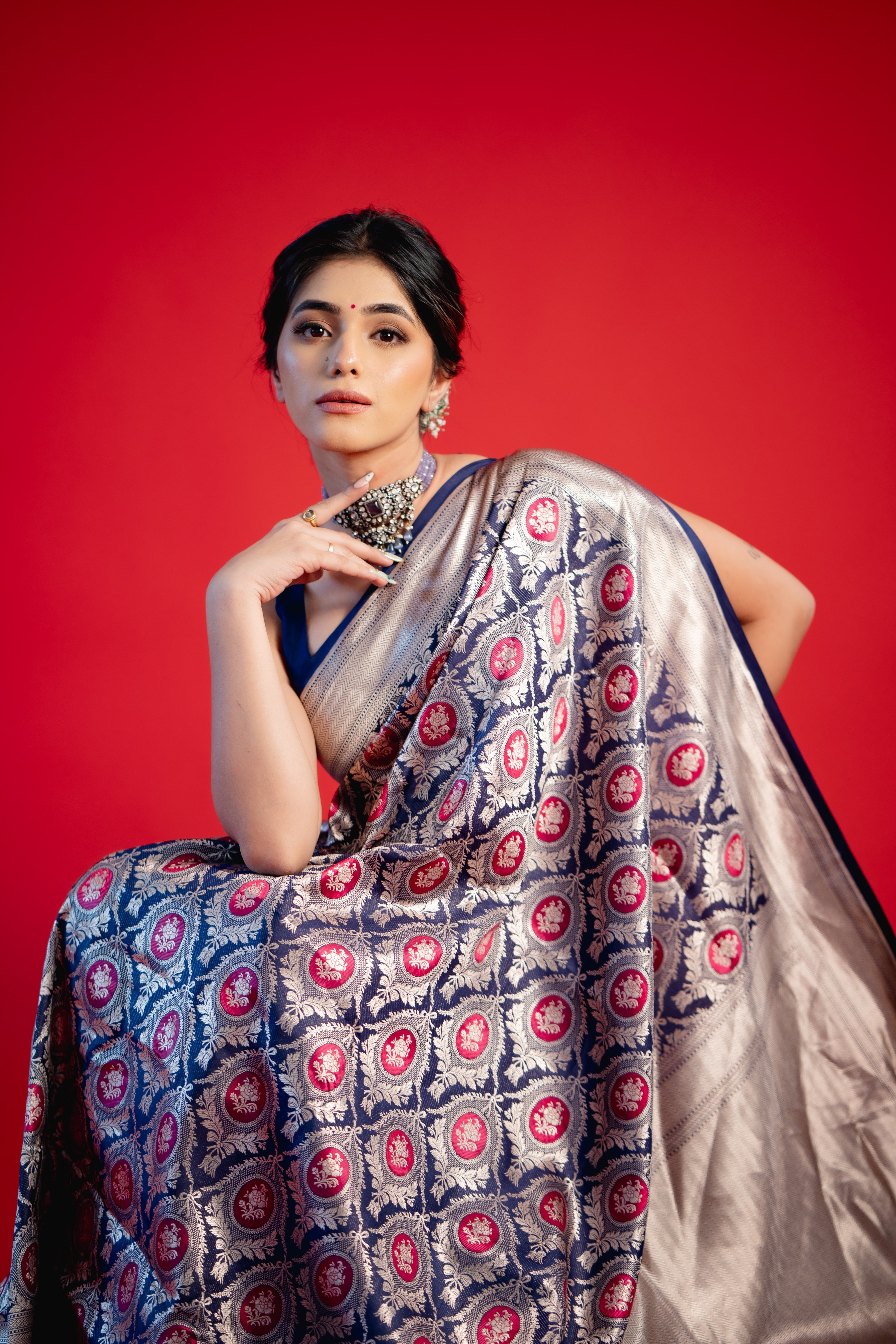 Blue Pink Booti Katan Silk Banarasi Handloom Saree