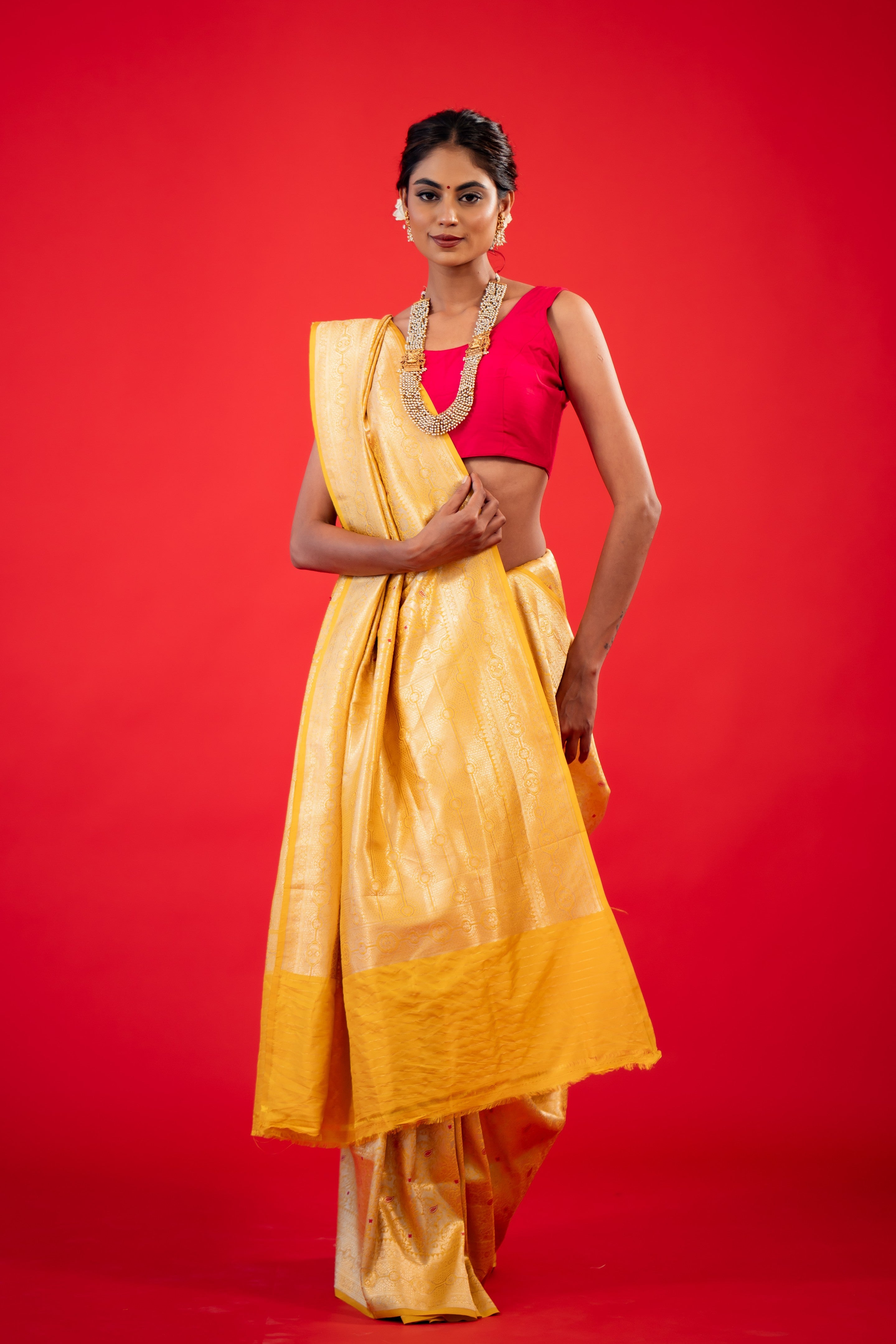 Yellow Pink Jaal Katan Silk Banarasi Handloom Saree