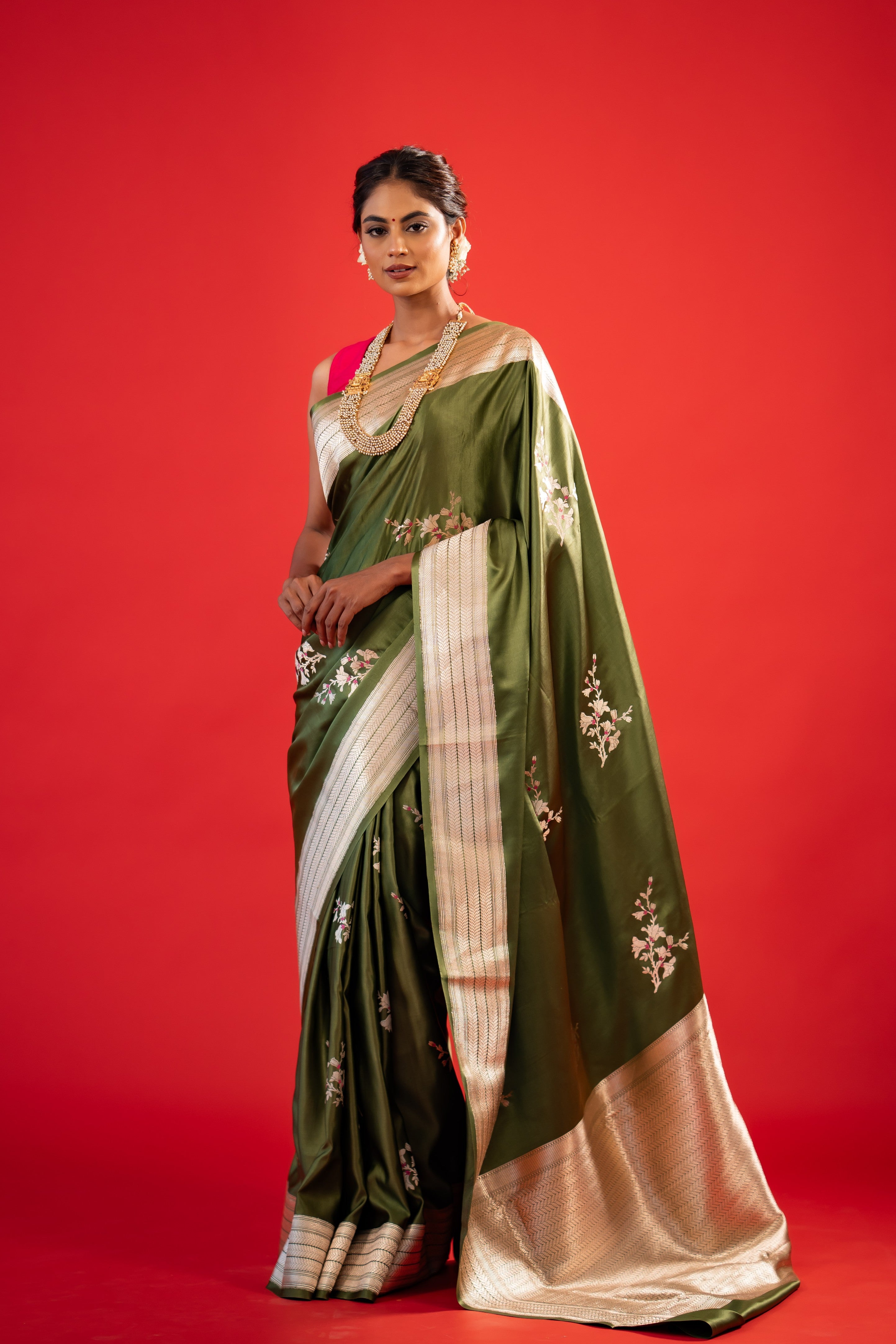 Parrot Green Booti Meenakari Mashru Silk Banarasi Handloom Saree