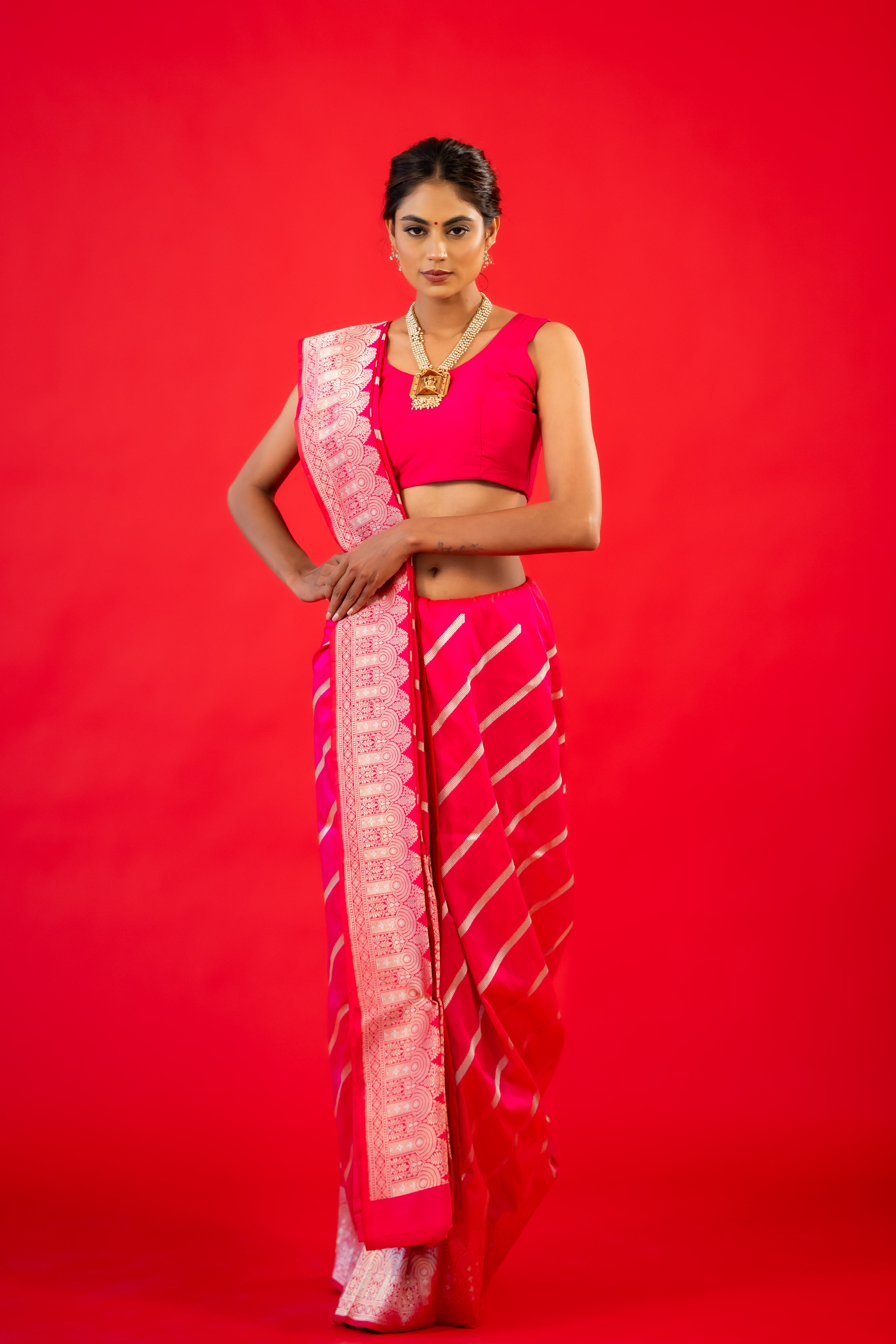 Rani Stripe Katan Silk Handloom Banarasi Saree