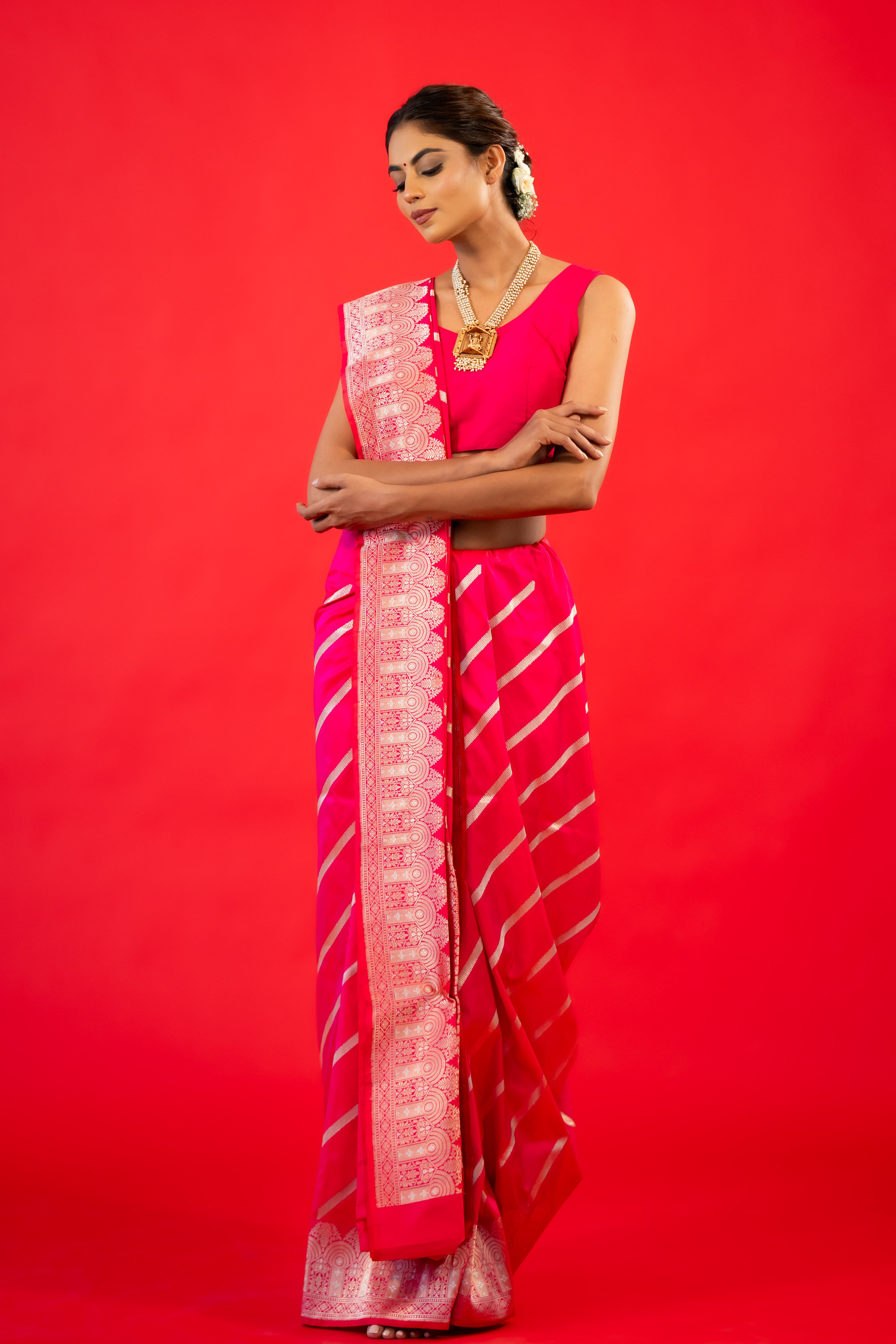 Rani Stripe Katan Silk Handloom Banarasi Saree