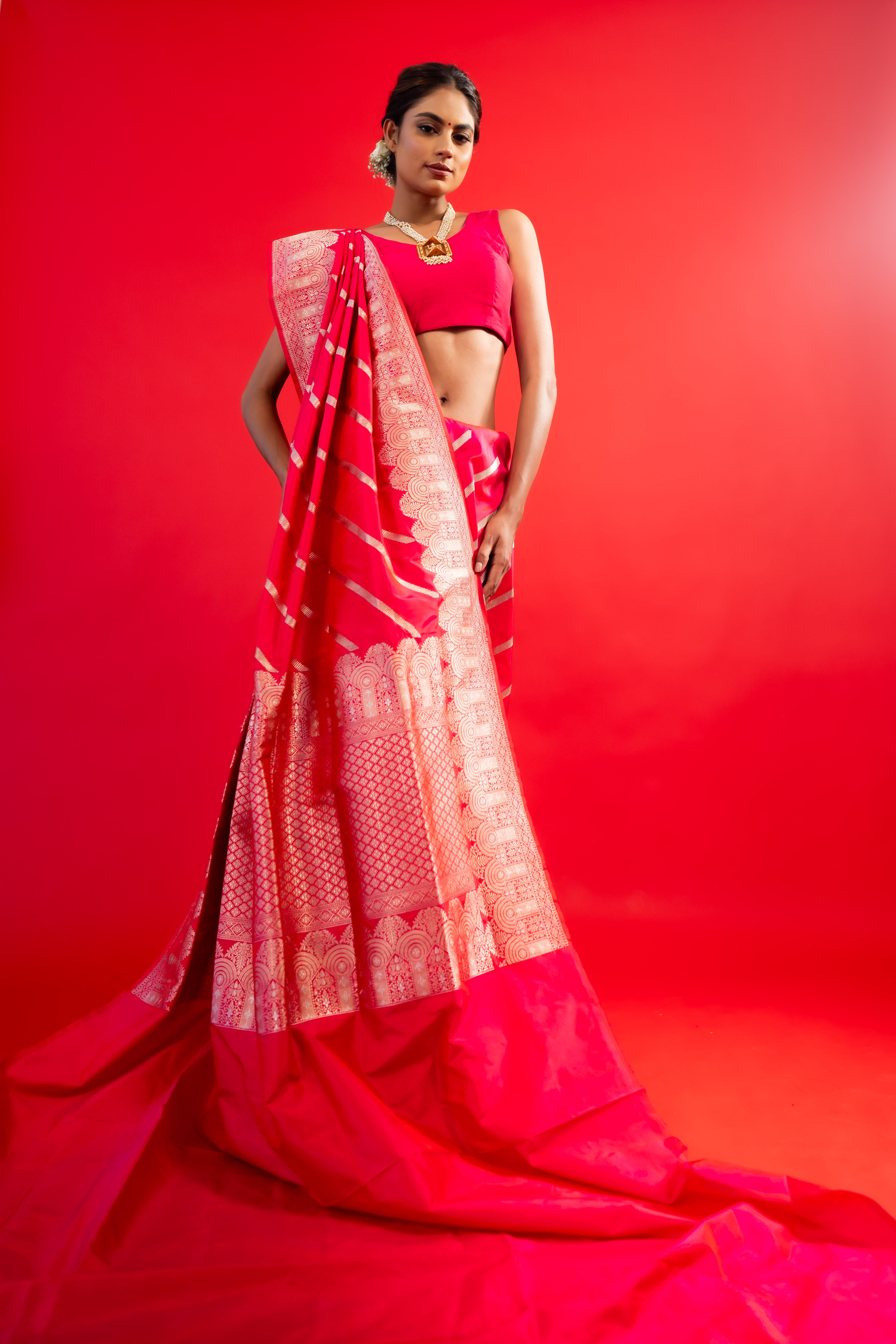 Rani Stripe Katan Silk Handloom Banarasi Saree