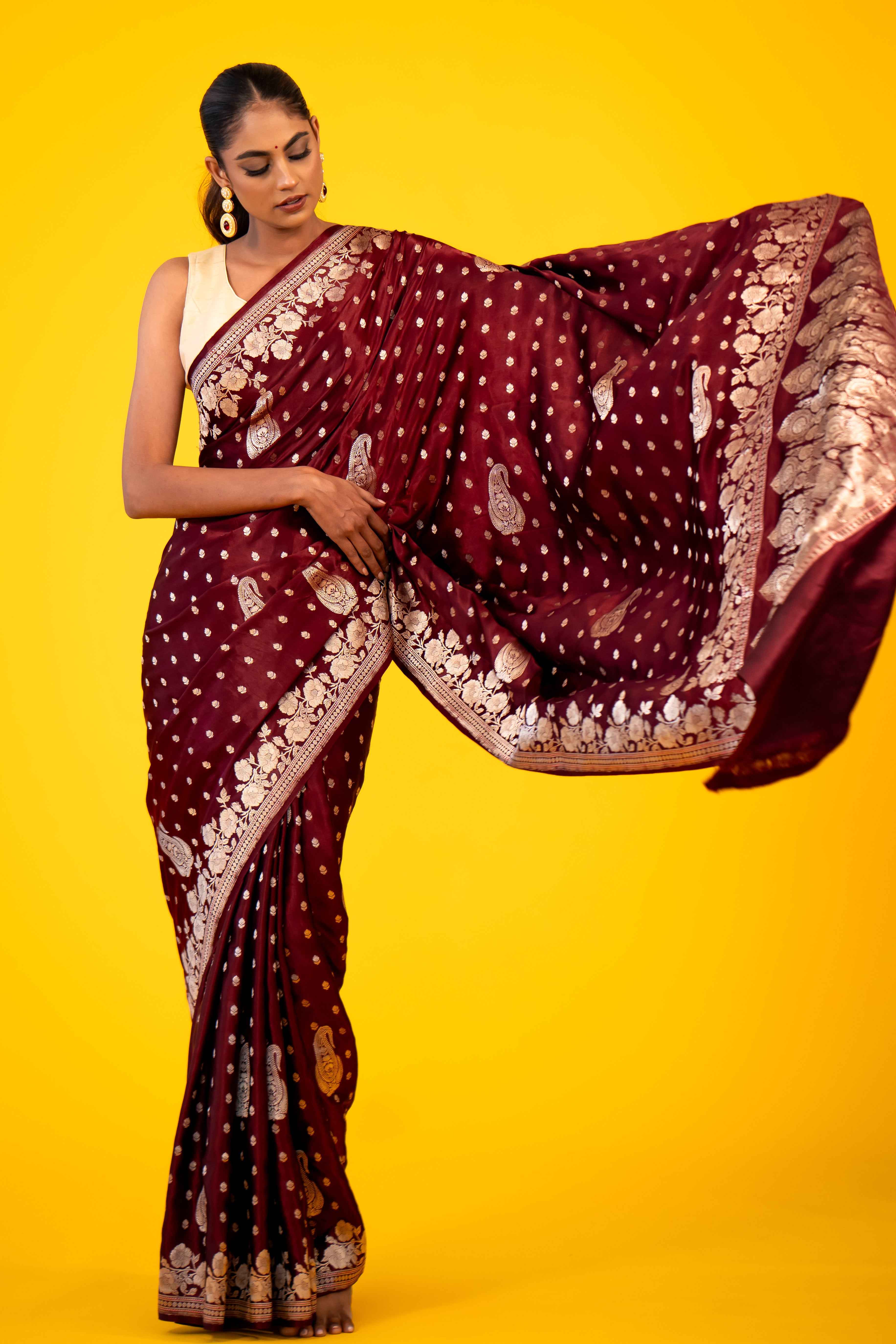 Wine Boota Meenakari Satin Katan Silk Banarasi Handloom Saree