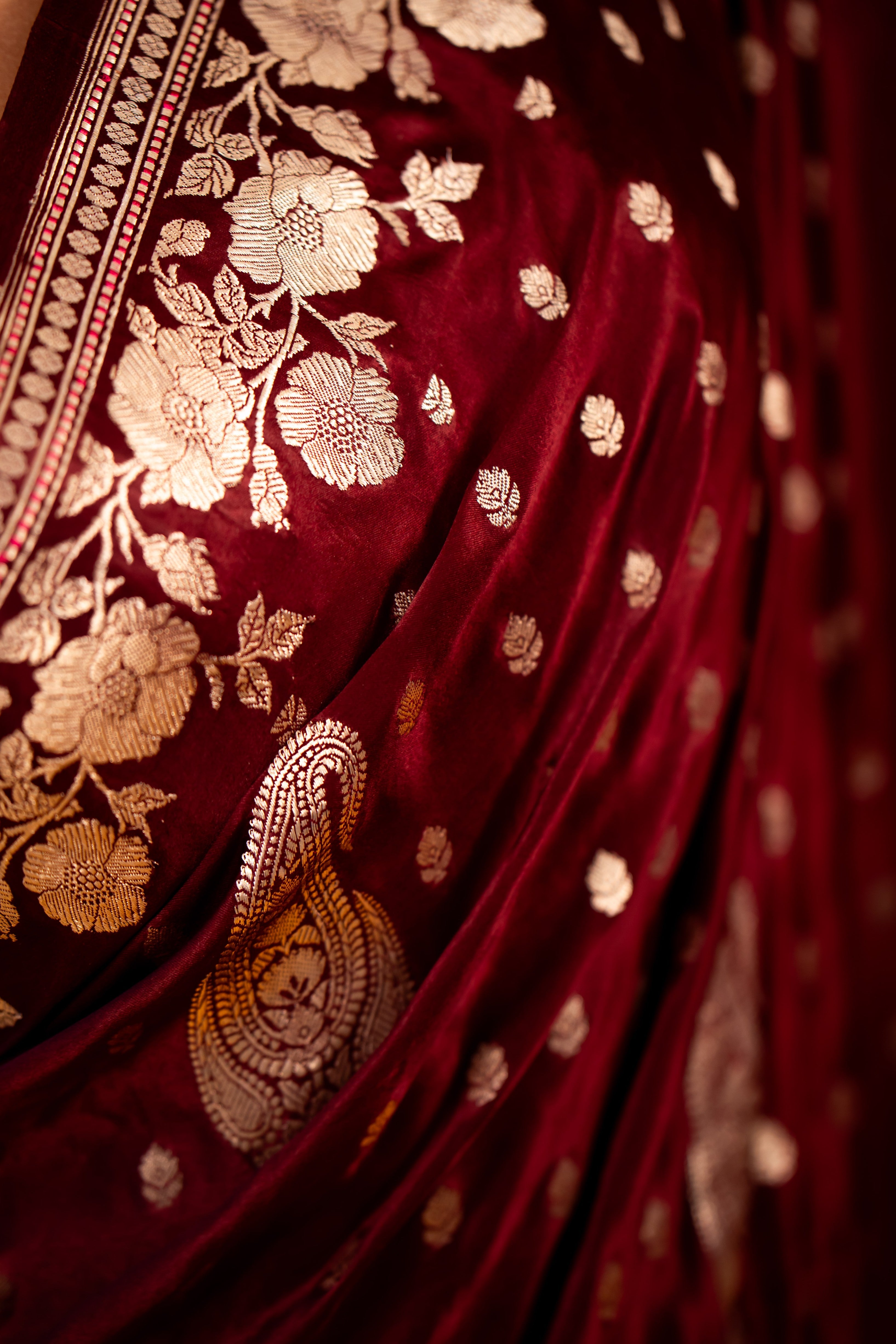 Wine Boota Meenakari Satin Katan Silk Banarasi Handloom Saree