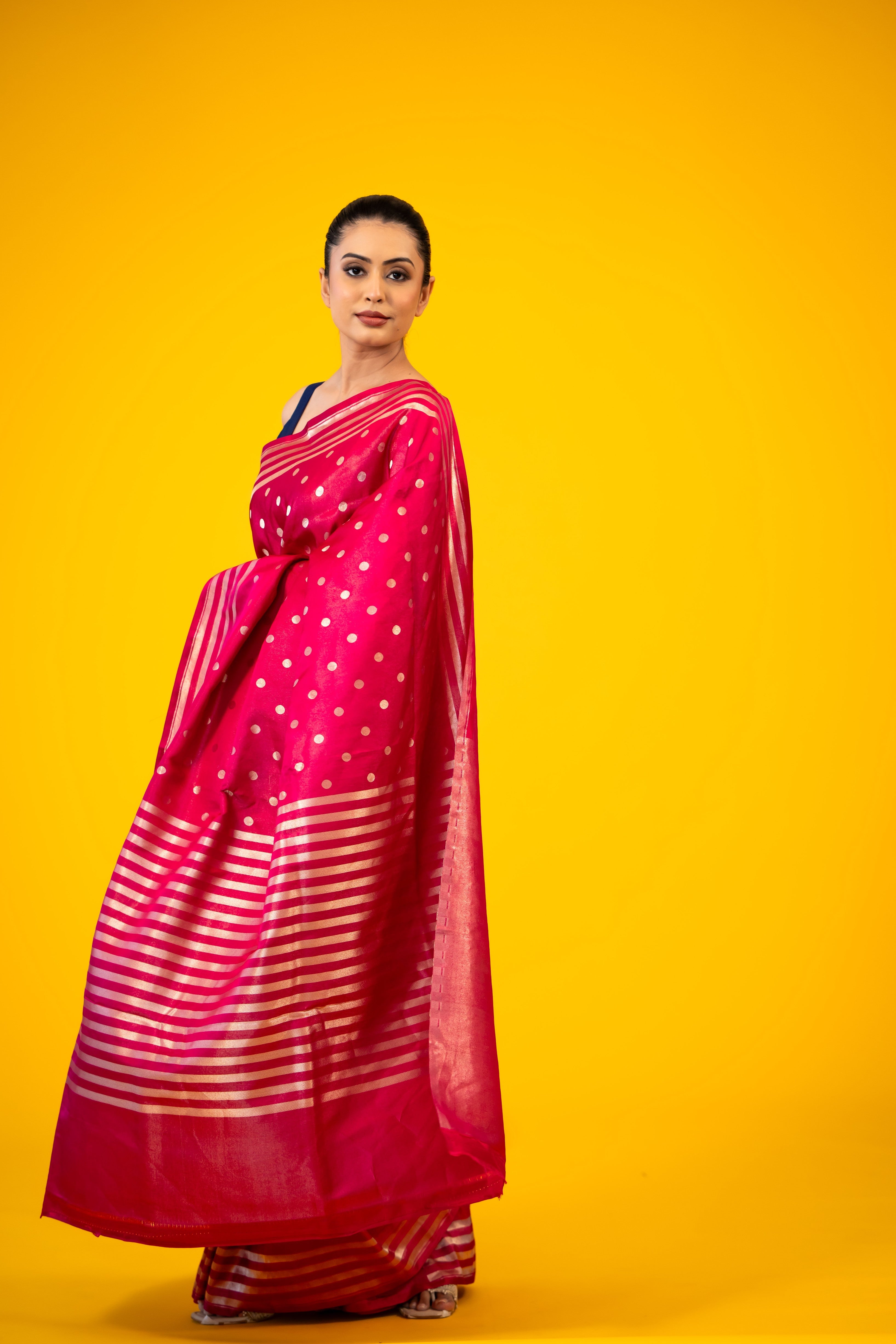 Pink Dot Booti Satin Katan Silk Banarasi Handloom Saree