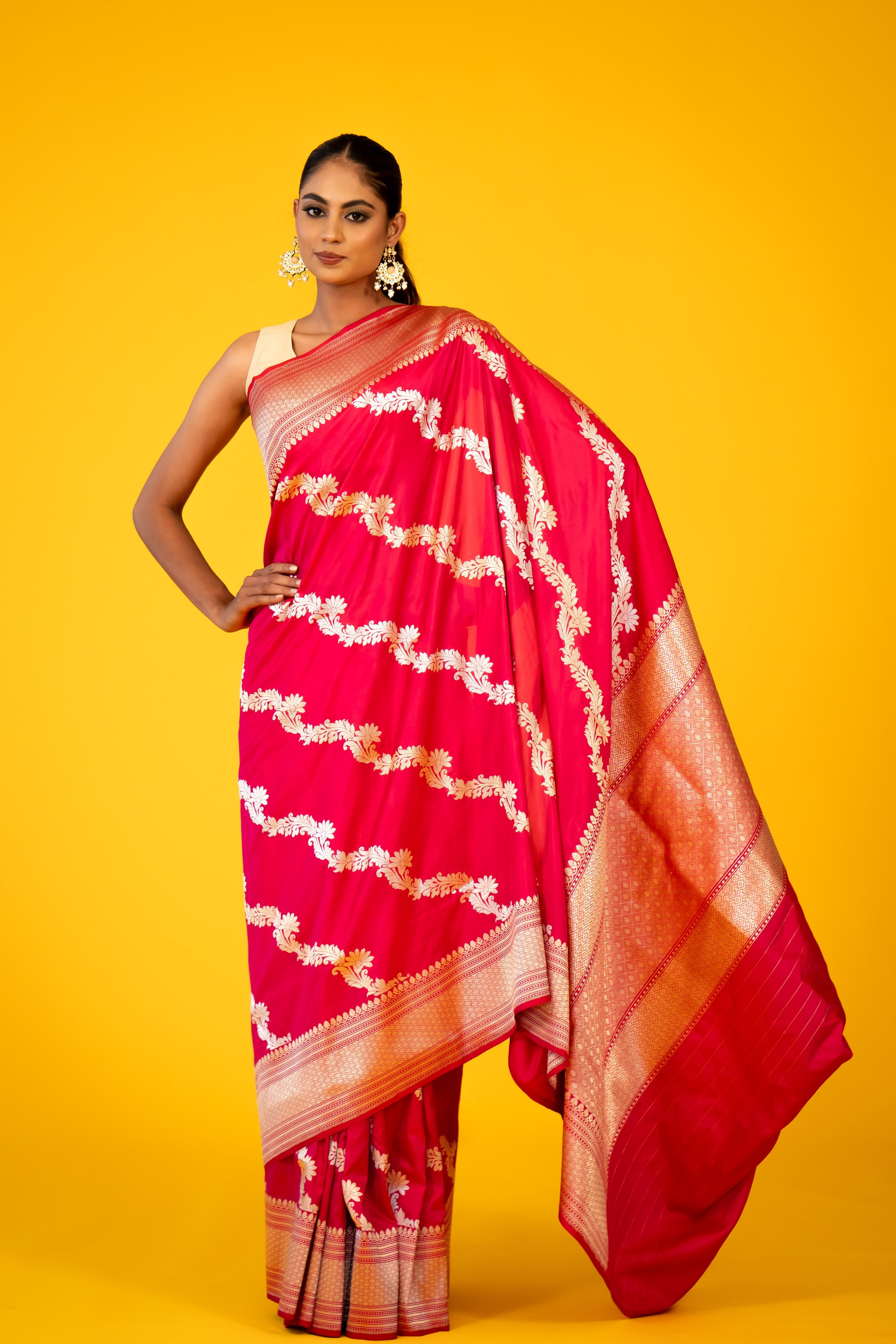 Rani Stripe Katan Silk Handloom Banarasi Saree