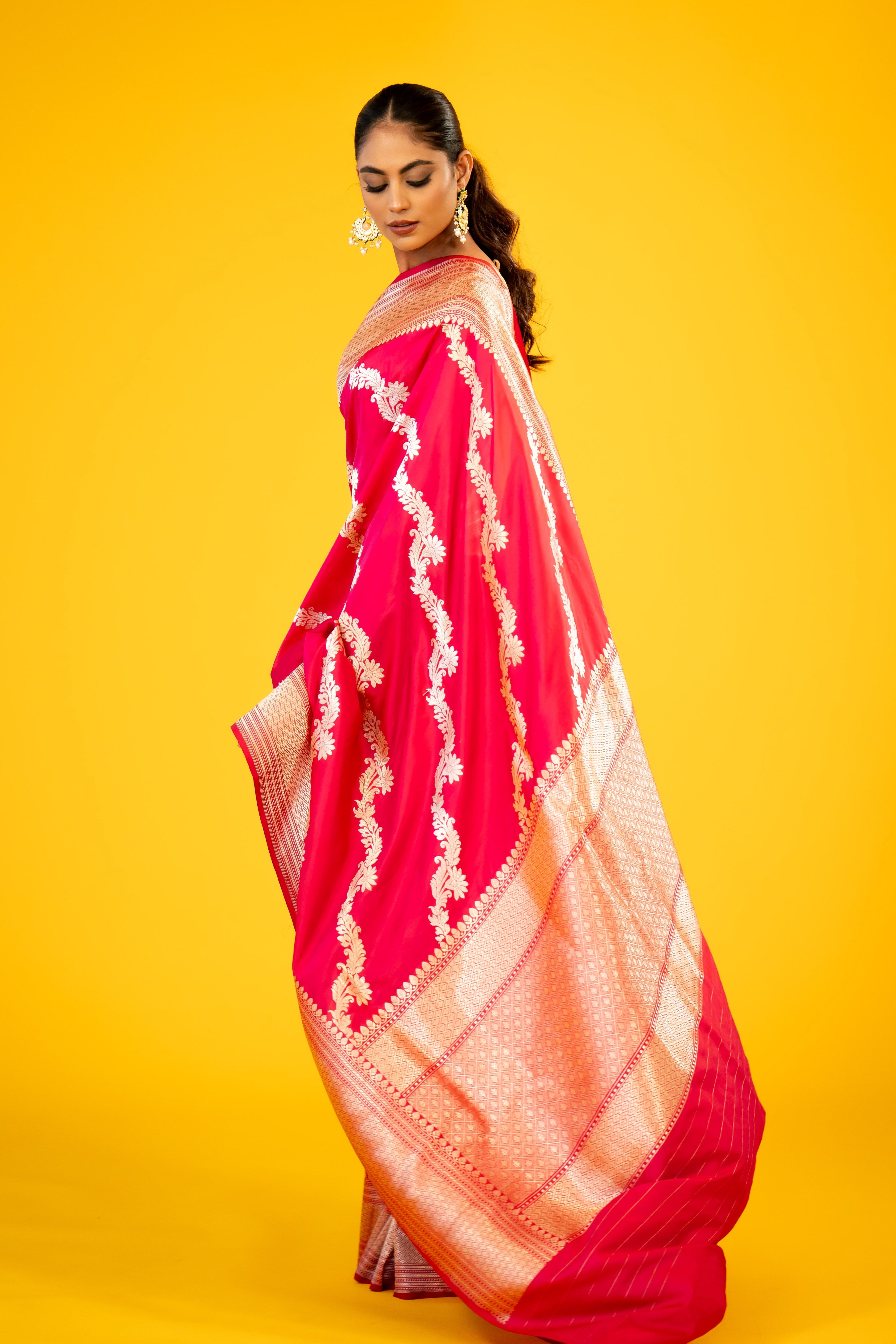 Rani Stripe Katan Silk Handloom Banarasi Saree