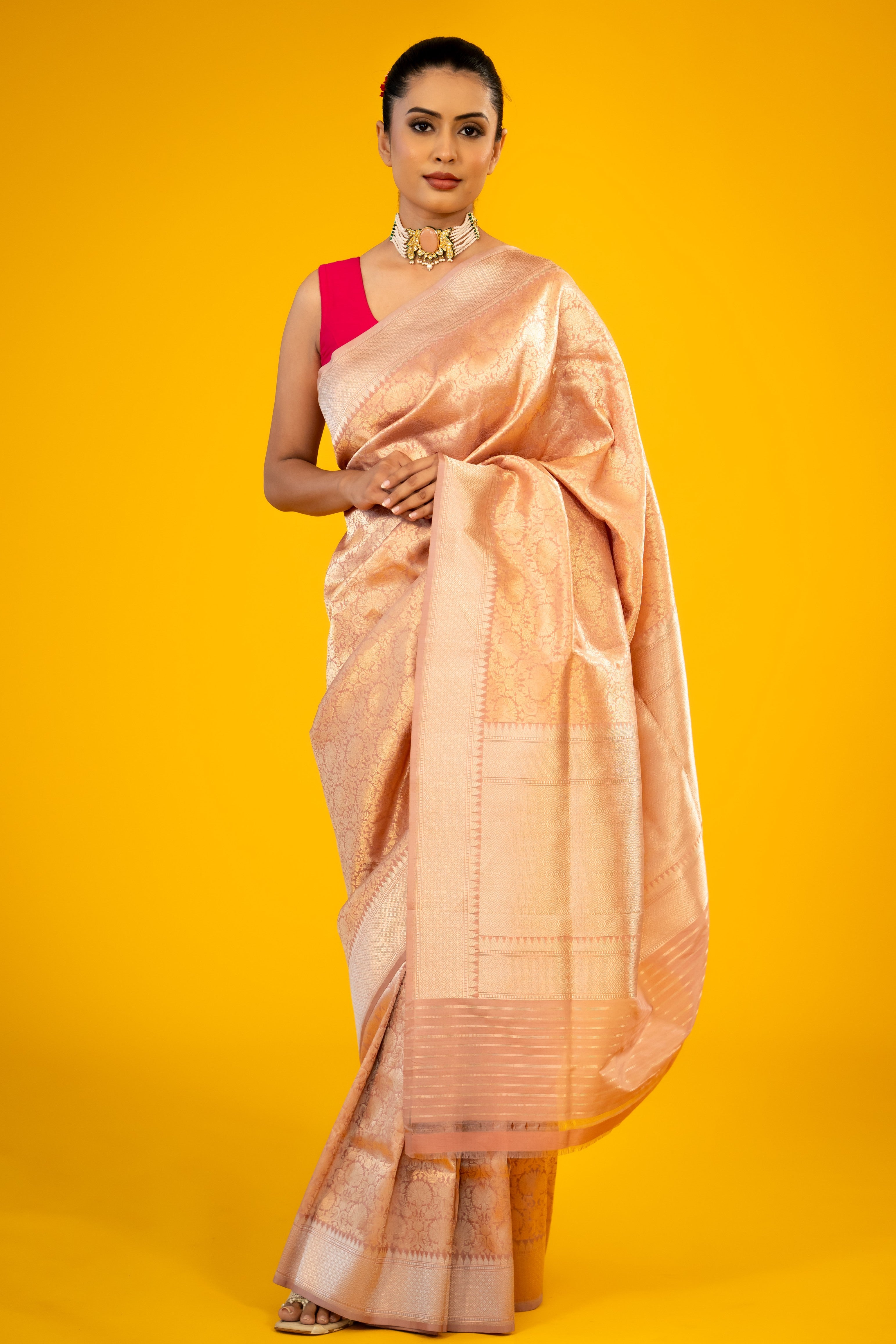 Onion Pink Katan Silk Brocade Handloom Banarasi Saree