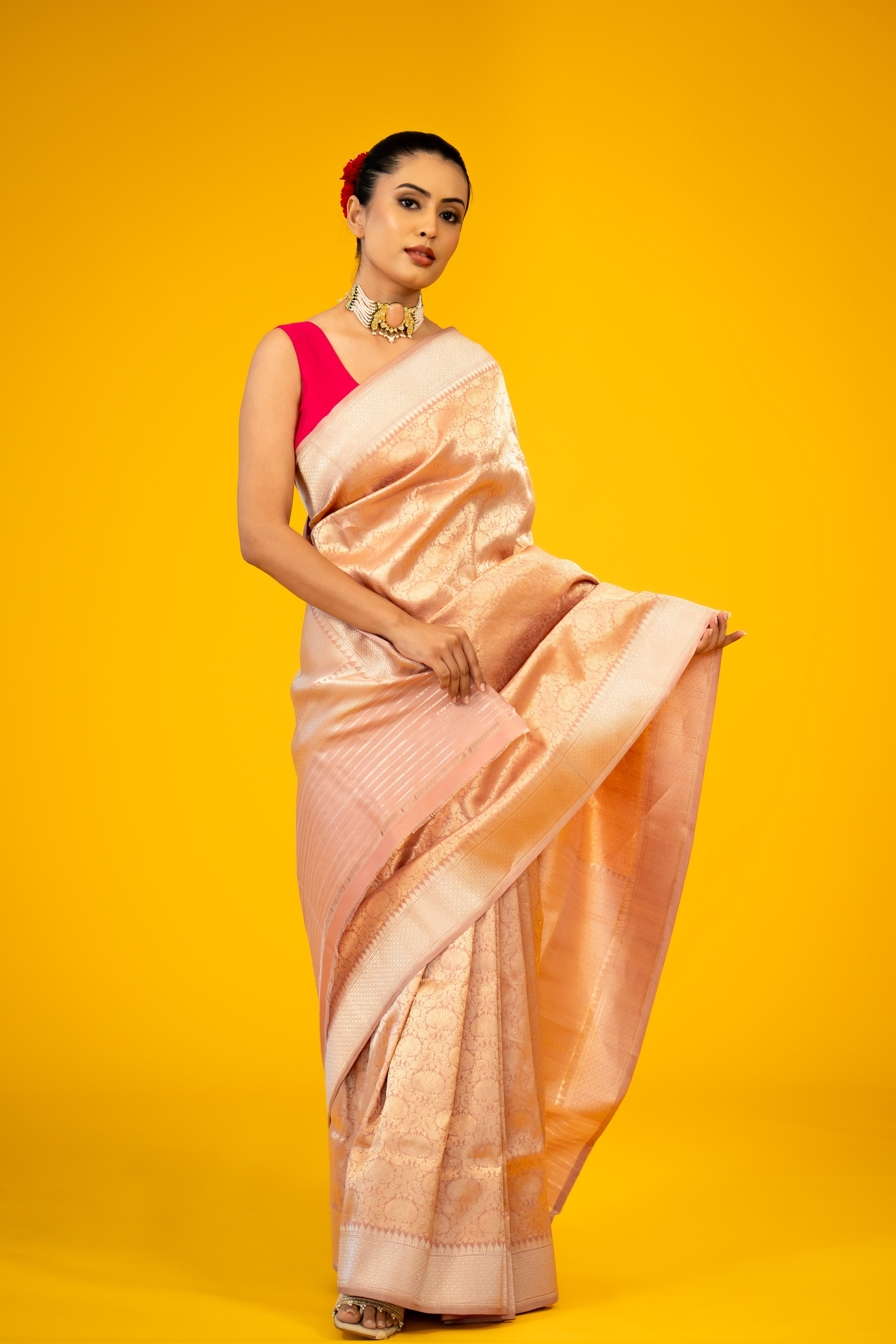 Onion Pink Katan Silk Brocade Handloom Banarasi Saree