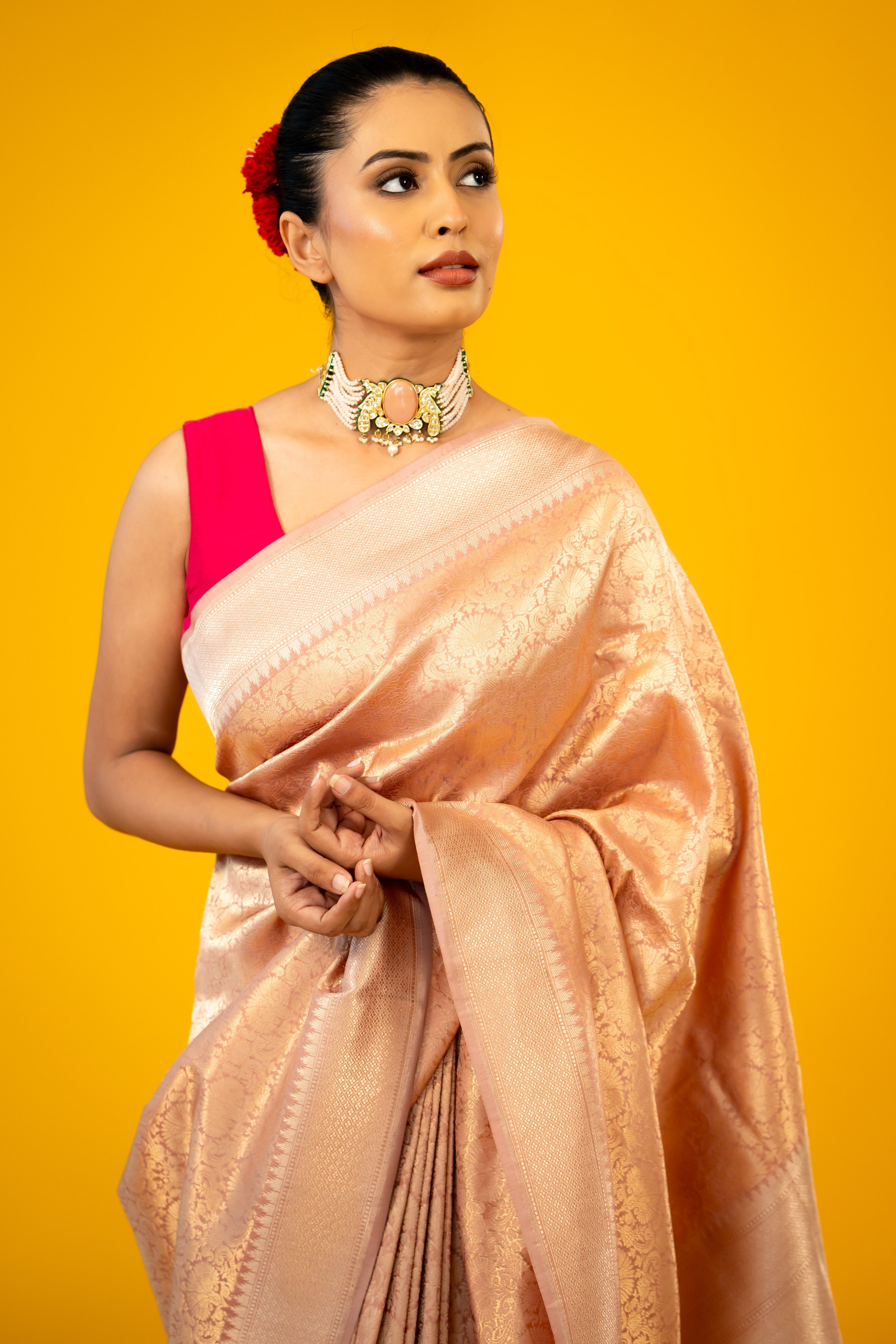 Onion Pink Katan Silk Brocade Handloom Banarasi Saree