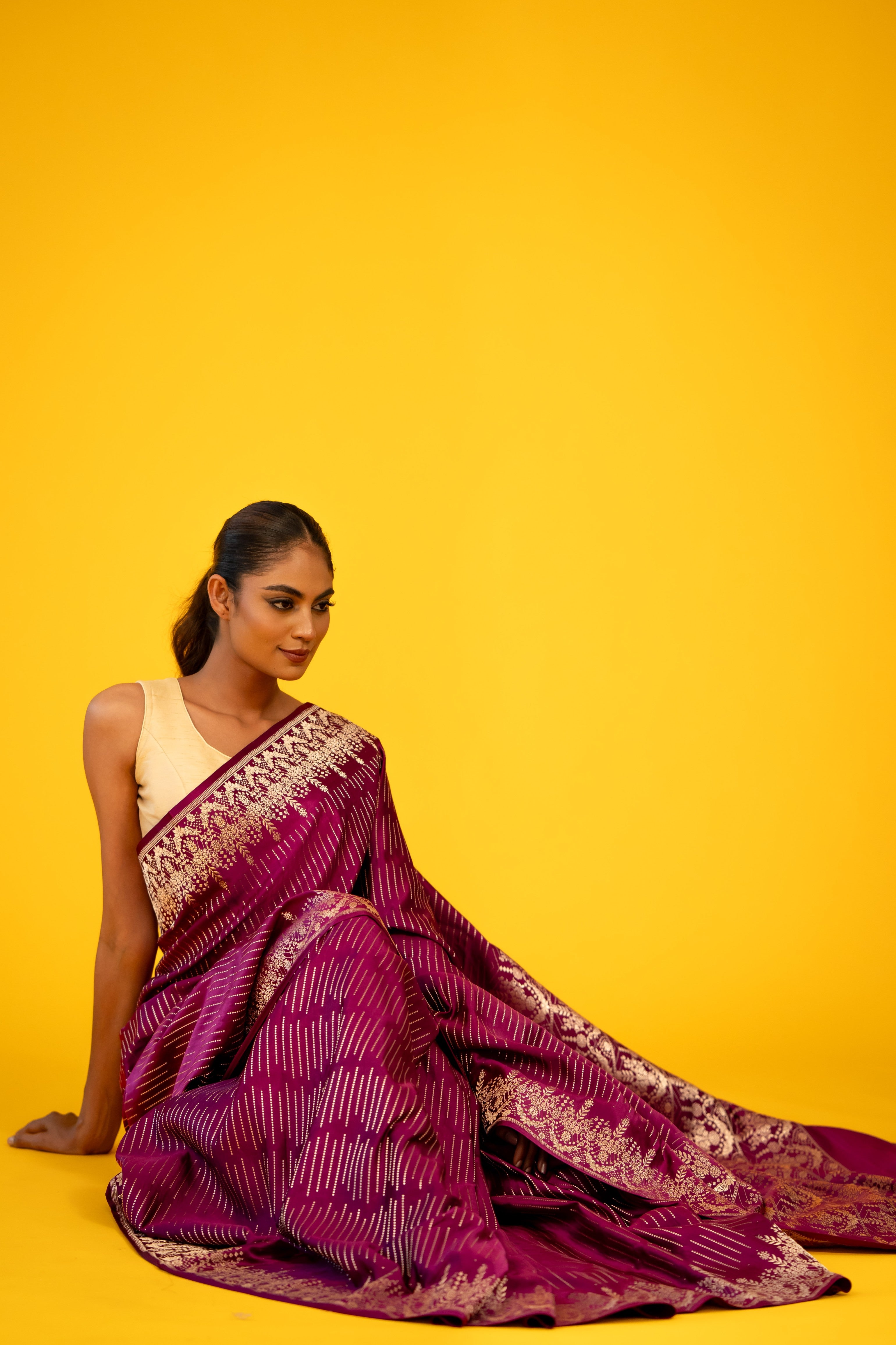 Wine Stripe Satin Katan Silk Banarasi Handloom Saree