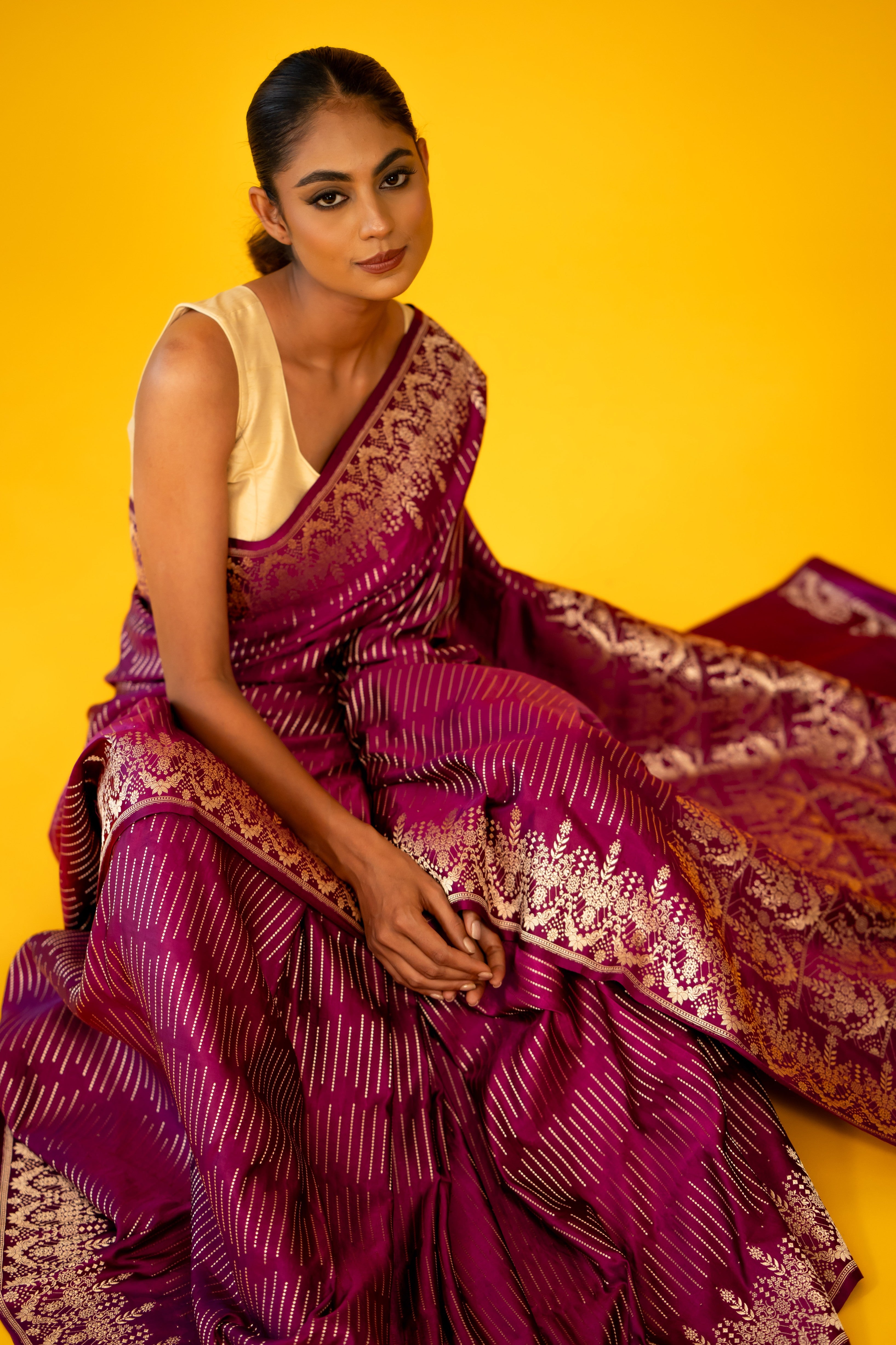 Wine Stripe Satin Katan Silk Banarasi Handloom Saree