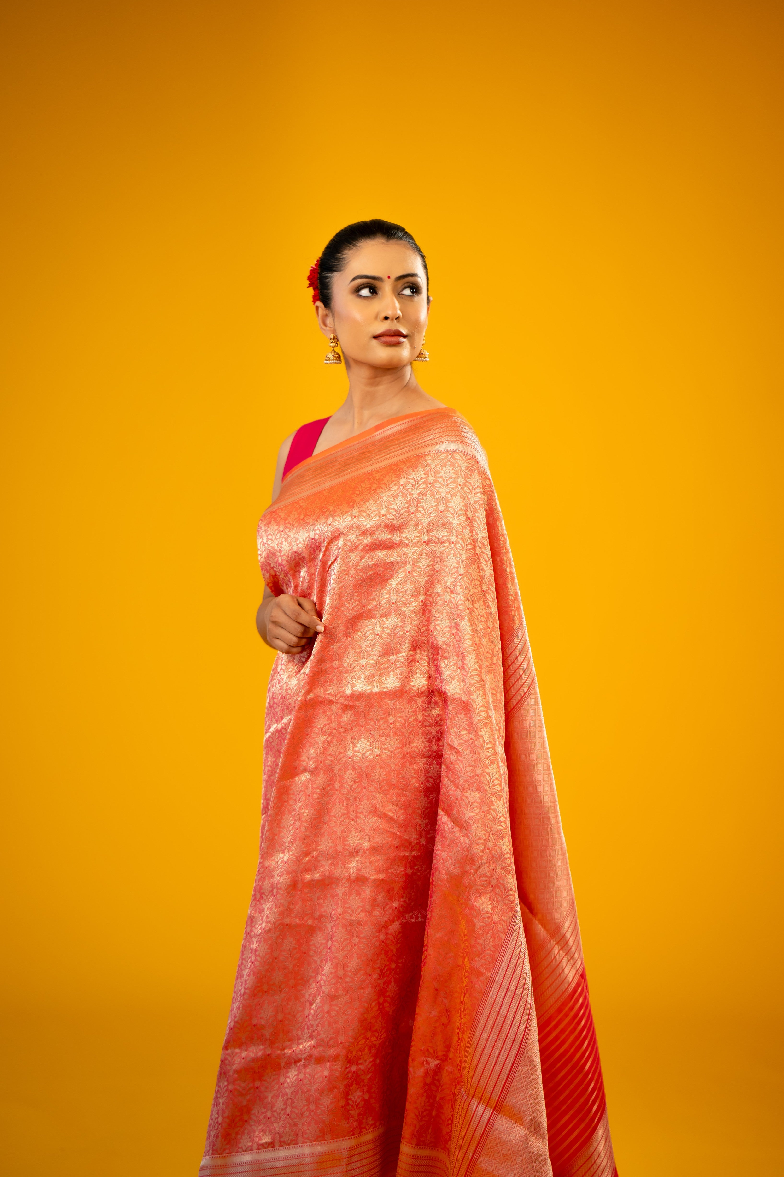 Dark Peach Katan Silk Brocade Handloom Banarasi Saree