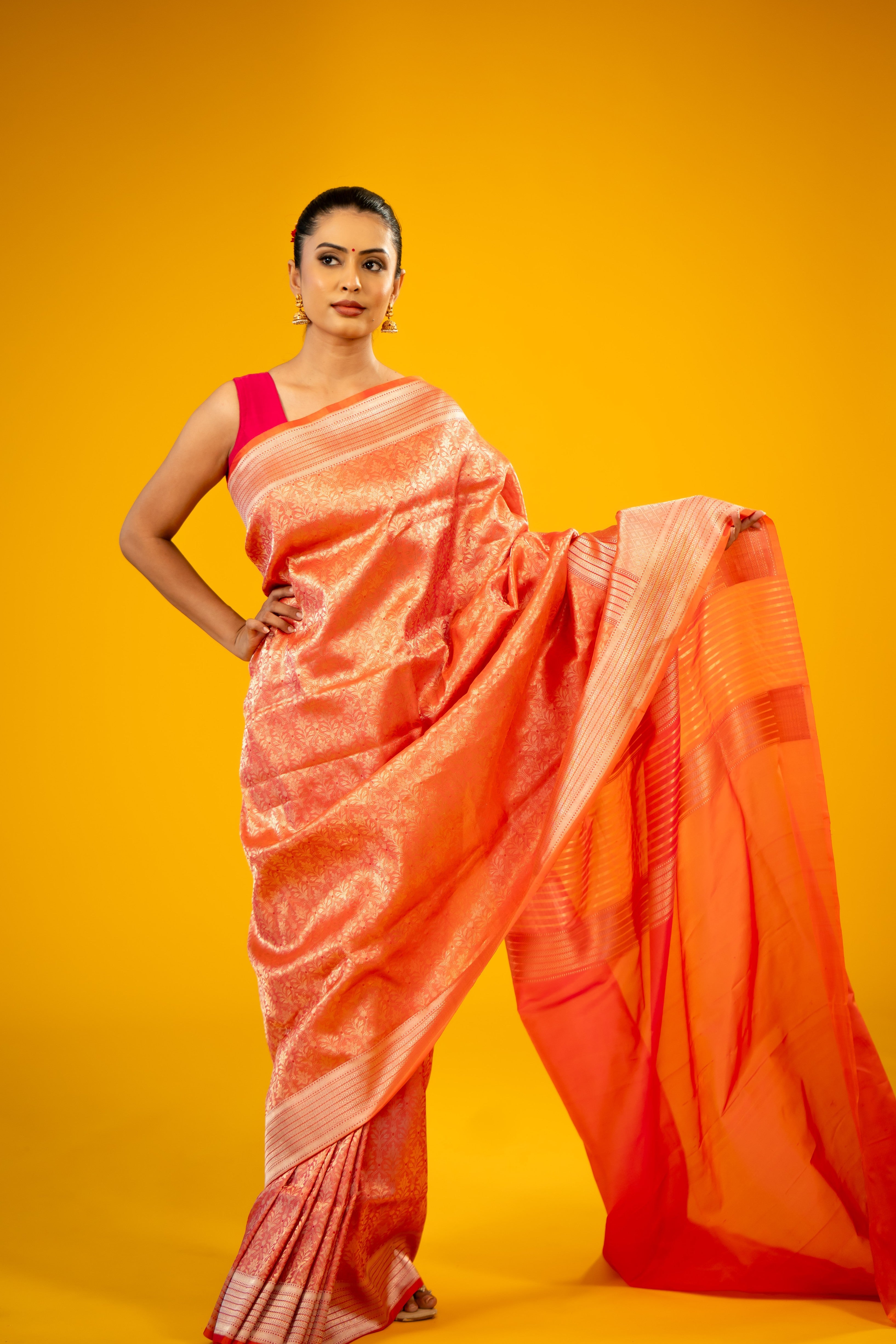 Dark Peach Katan Silk Brocade Handloom Banarasi Saree