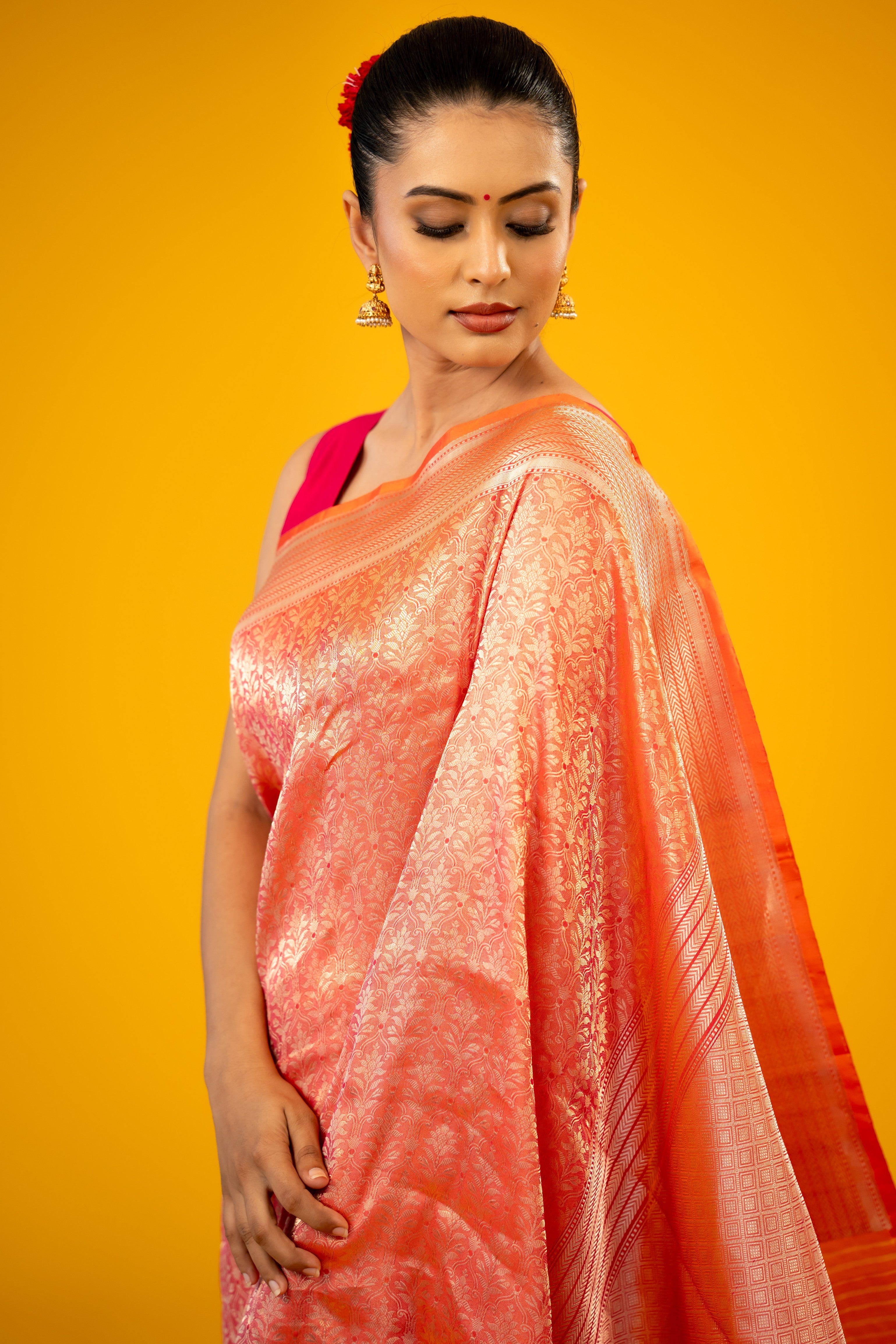 Dark Peach Katan Silk Brocade Handloom Banarasi Saree
