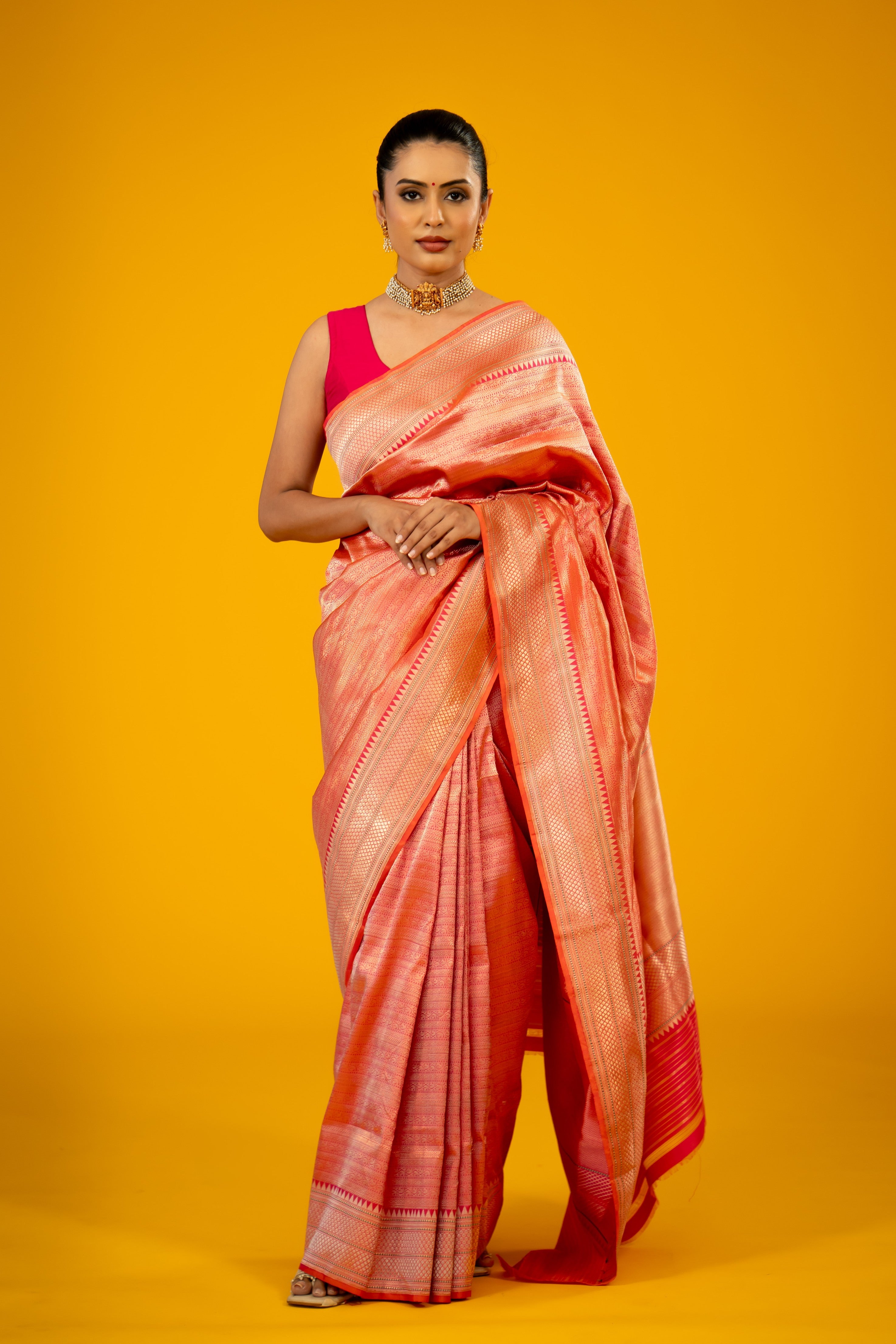 Peach Pink Katan Silk Brocade Handloom Banarasi Saree