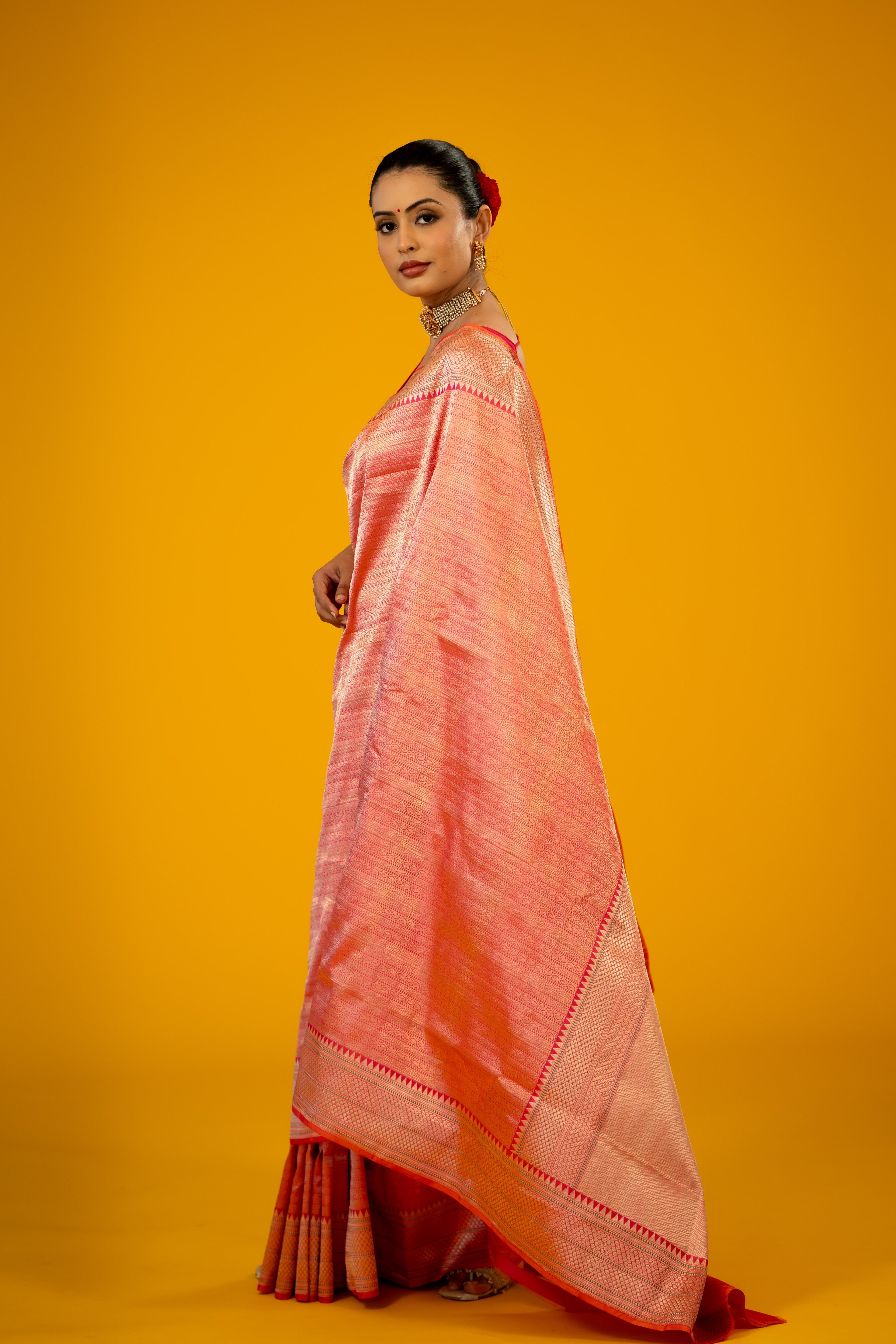 Peach Pink Katan Silk Brocade Handloom Banarasi Saree