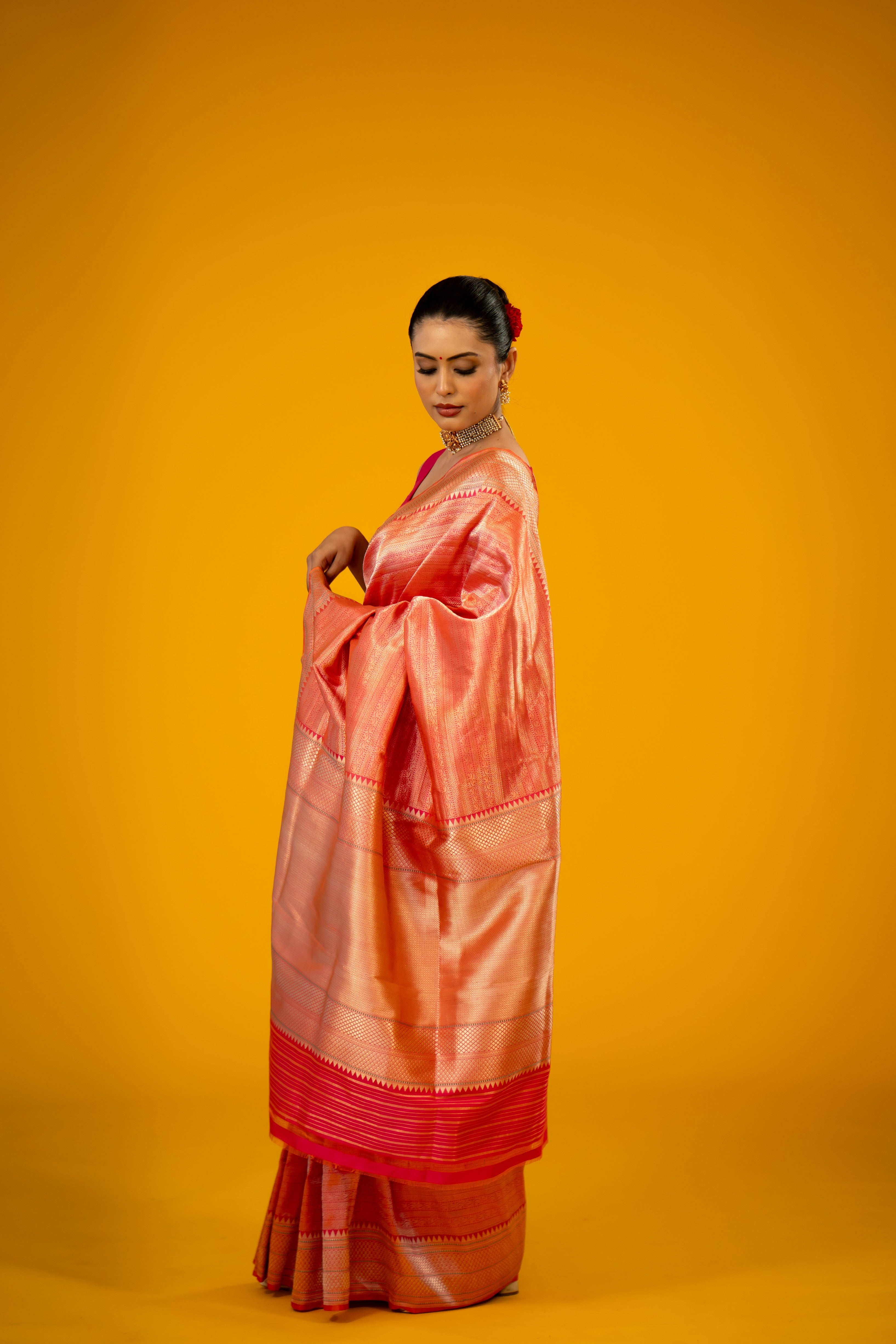 Peach Pink Katan Silk Brocade Handloom Banarasi Saree