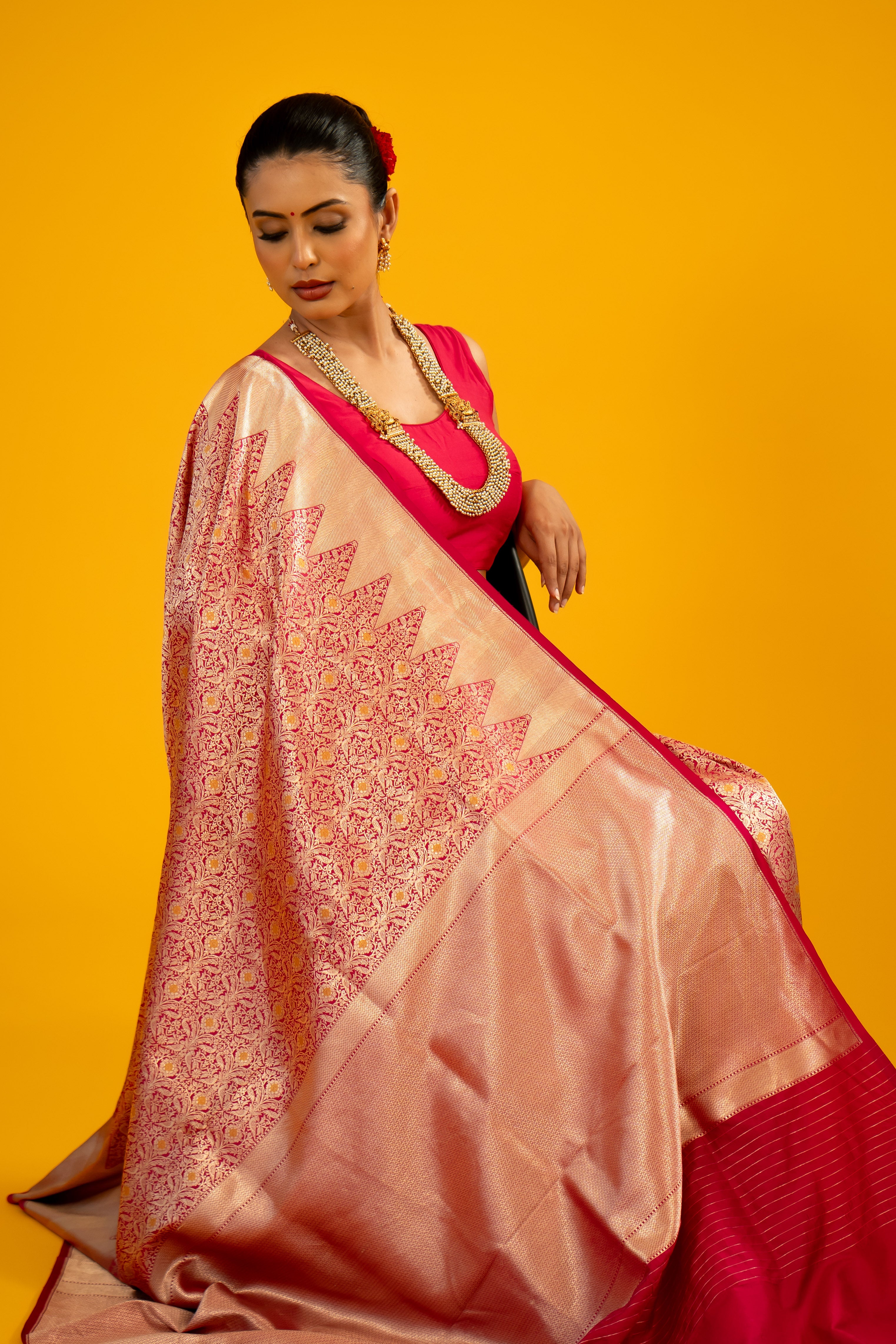 Pink Yellow Jaal Katan Silk Banarasi Handloom Saree