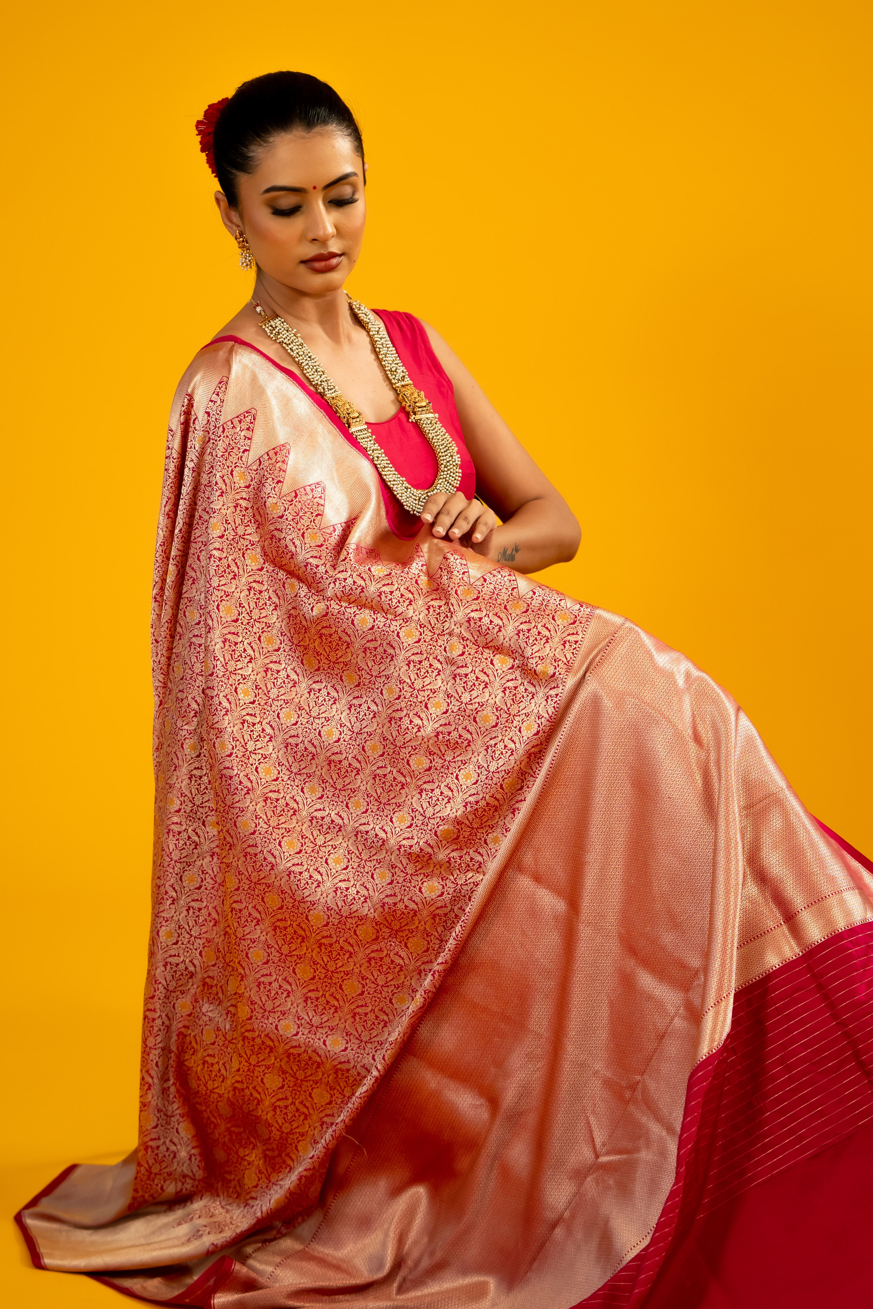 Pink Yellow Jaal Katan Silk Banarasi Handloom Saree