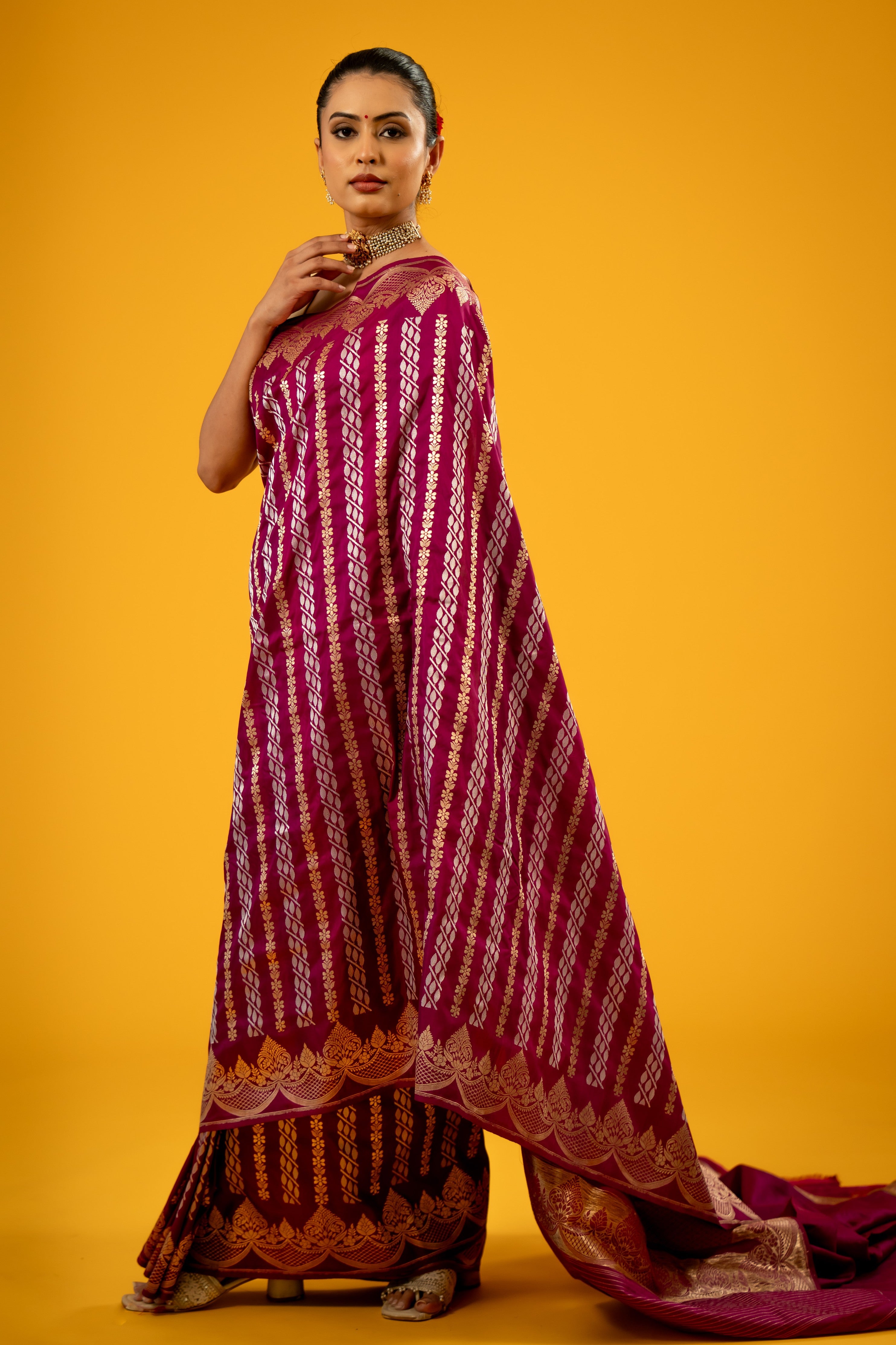 Purple Sona Rupa Stripe Katan Silk Banarasi Handloom Saree