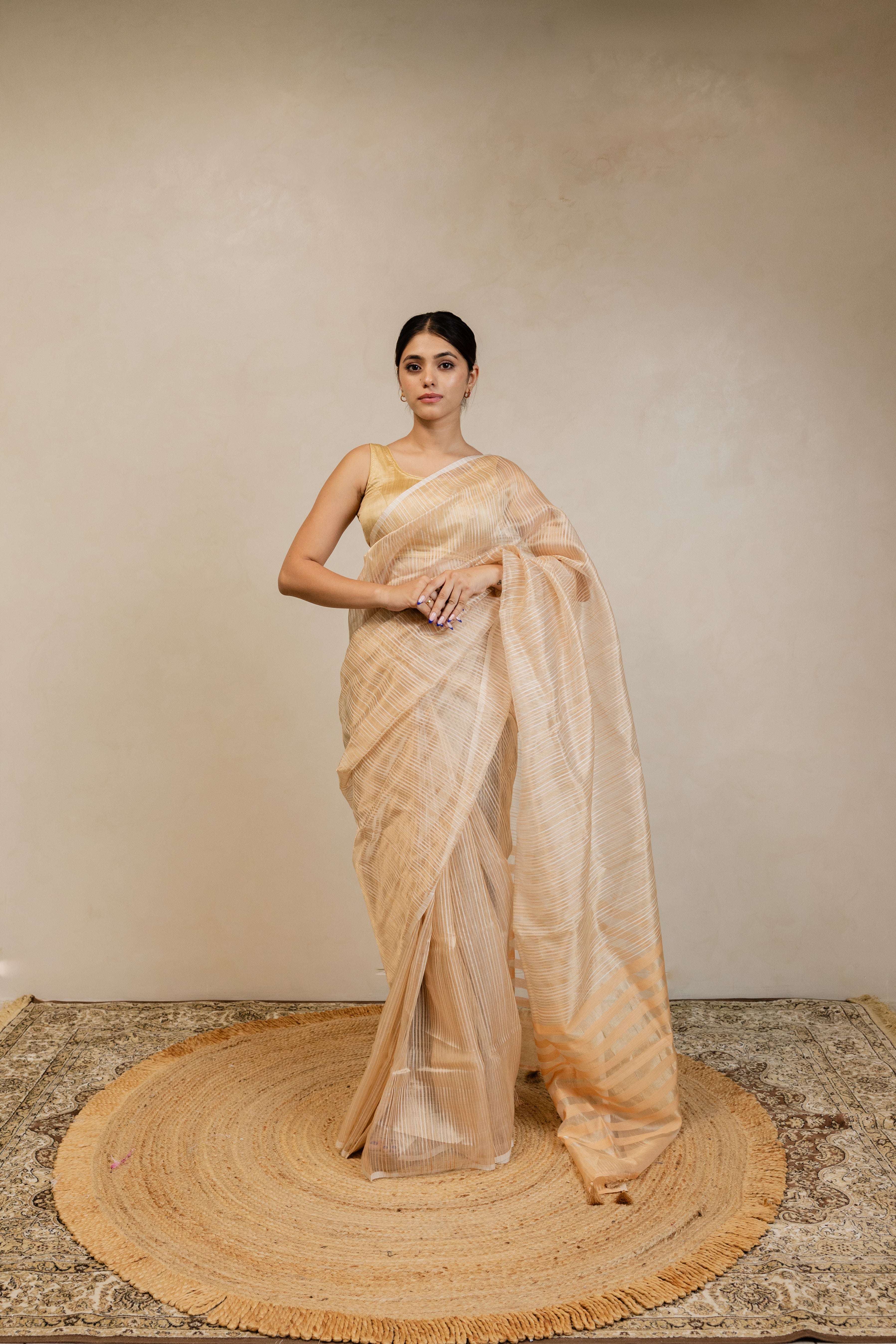 Gold White Stripe Tissue Silk Handloom Banarasi Saree