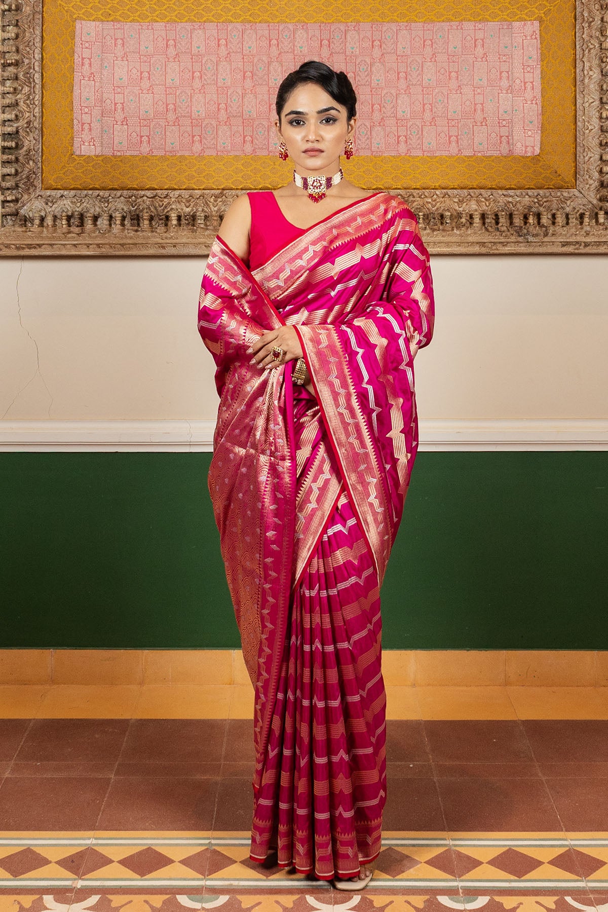 Pink Geometric Pattern Katan Silk Banarasi Handloom Saree